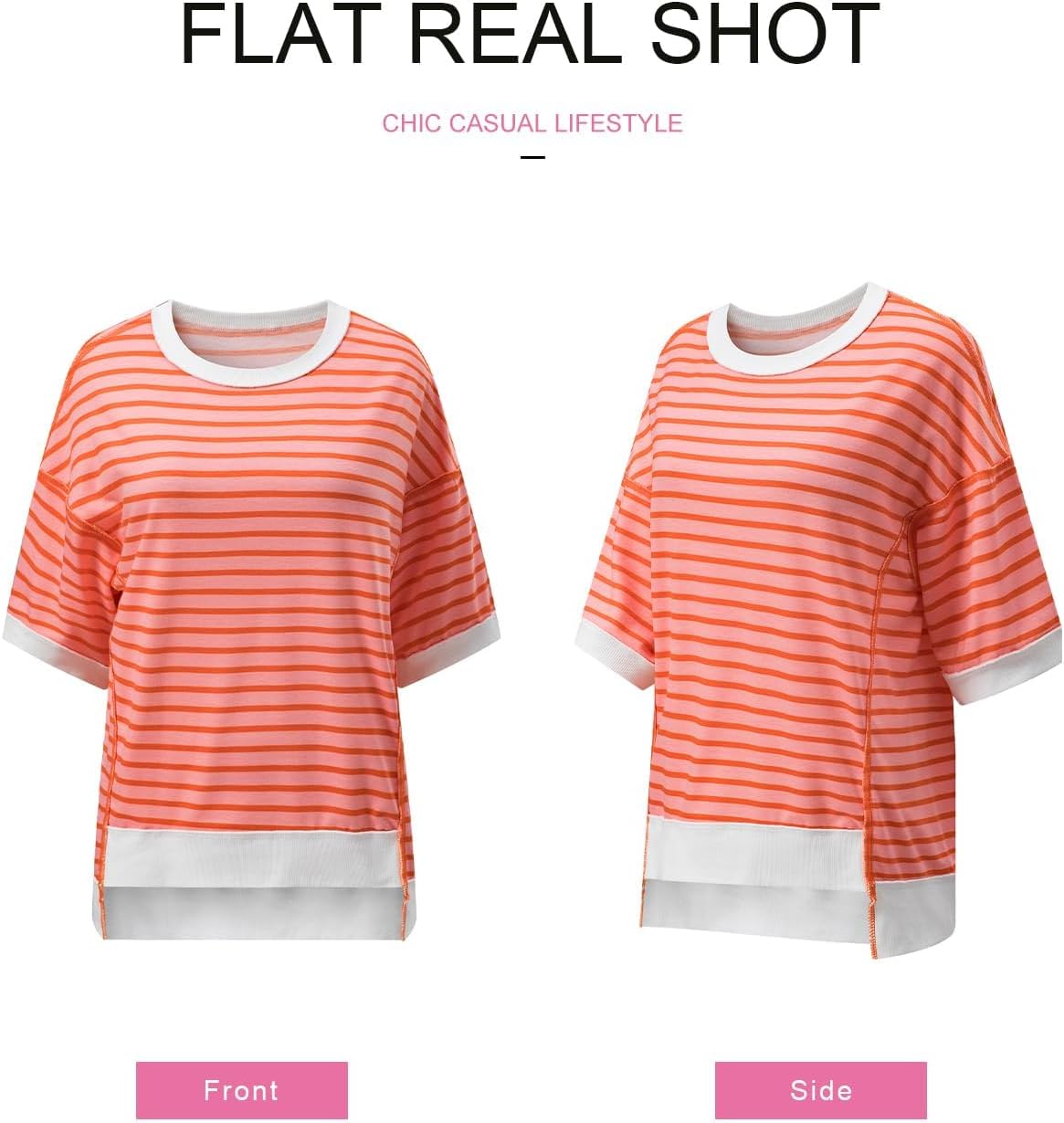 Detalle 2 de SHEWIN Womens Casual Short Sleeve Sweatshirt Crewneck Striped Top