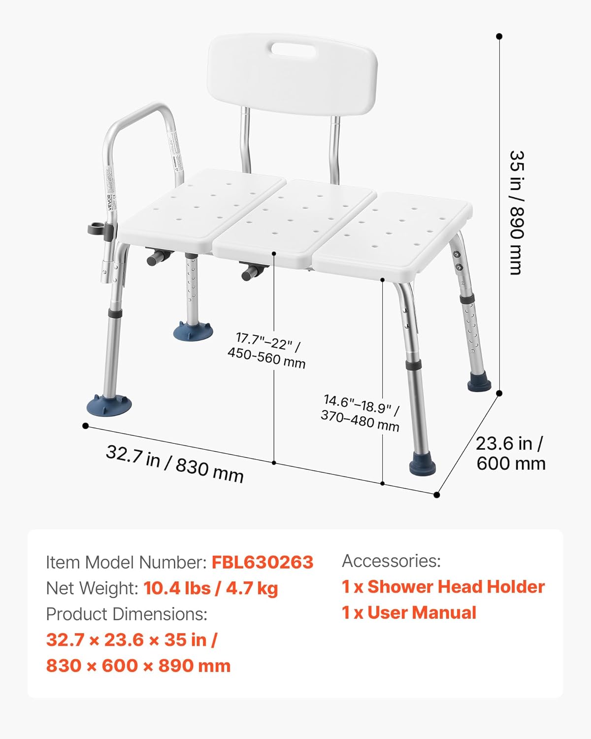 Thumbnail 6 de VEVOR Banc de transfert baignoire avec siège et accoudoirs – Hauteur réglable, capacité 180 kg