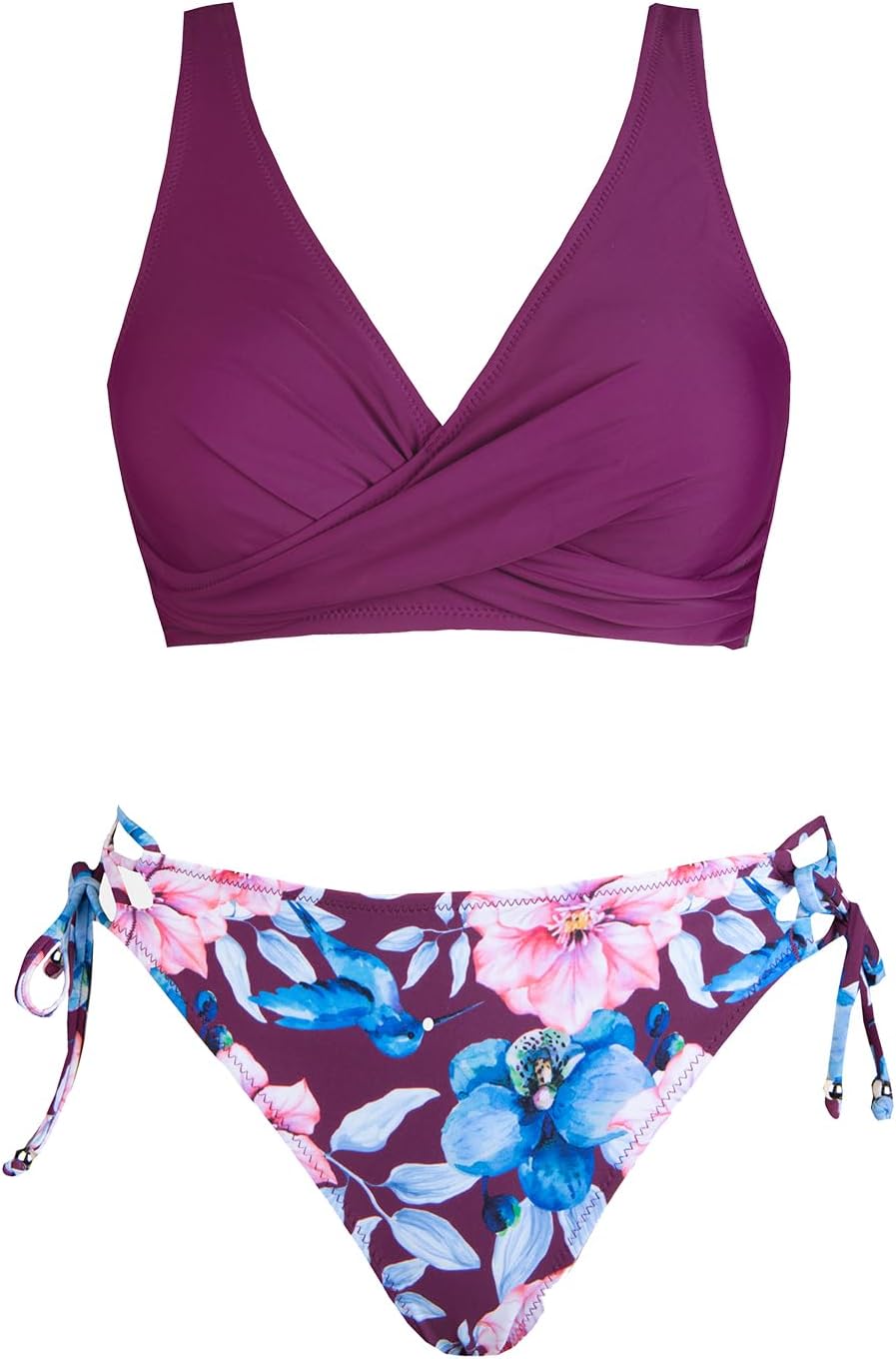 Detalle de CUPSHE Damen Bikini Set Wickeloptik Blumenmuster – Zweiteiliger Badeanzug mit Schnürdetails