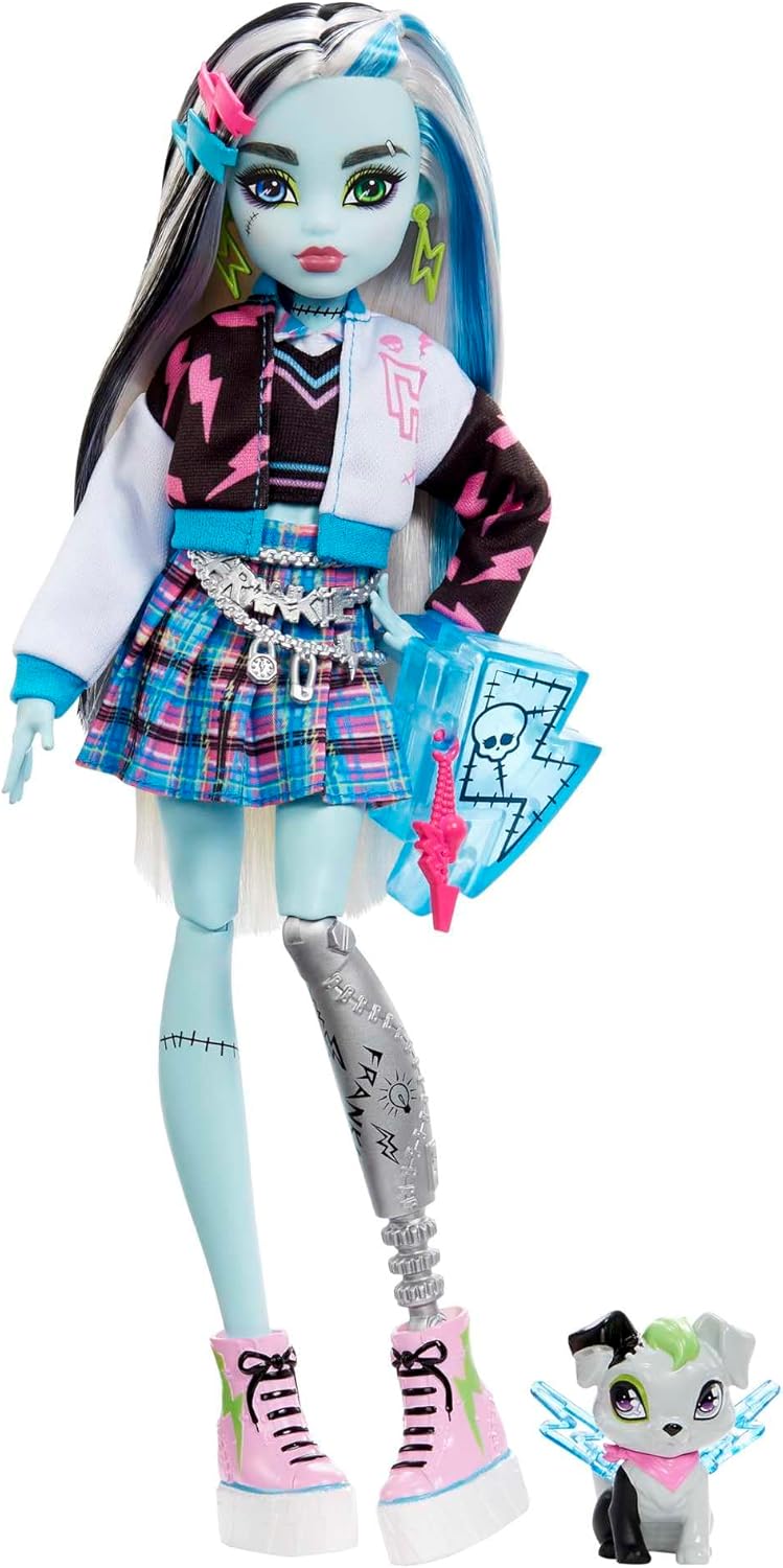 Thumbnail 6 de Monster High Frankie Stein (HXH73) bambola con giacca e shorts in denim, cagnolina Watzie e accessori