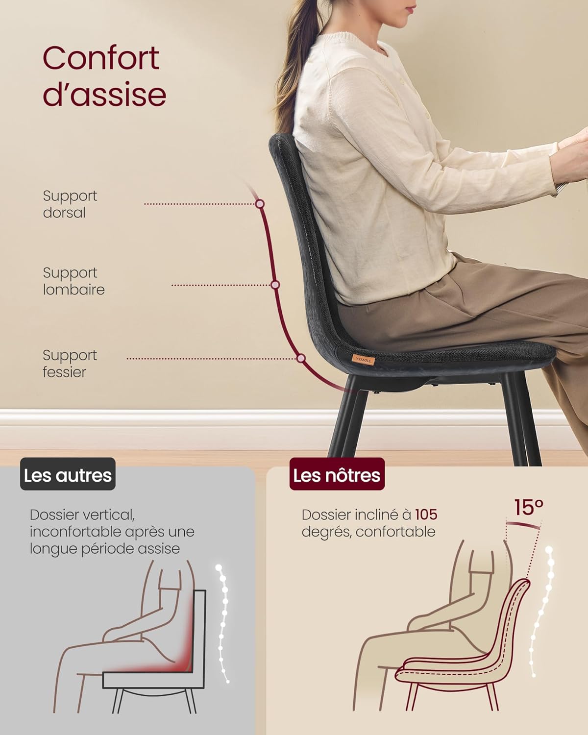Detalle de VASAGLE Chaises de Salle à Manger — Lot de 4, Structure Métallique, Tissu Chenille et PU Glacé, Gris Ardoise (KDC188G01)