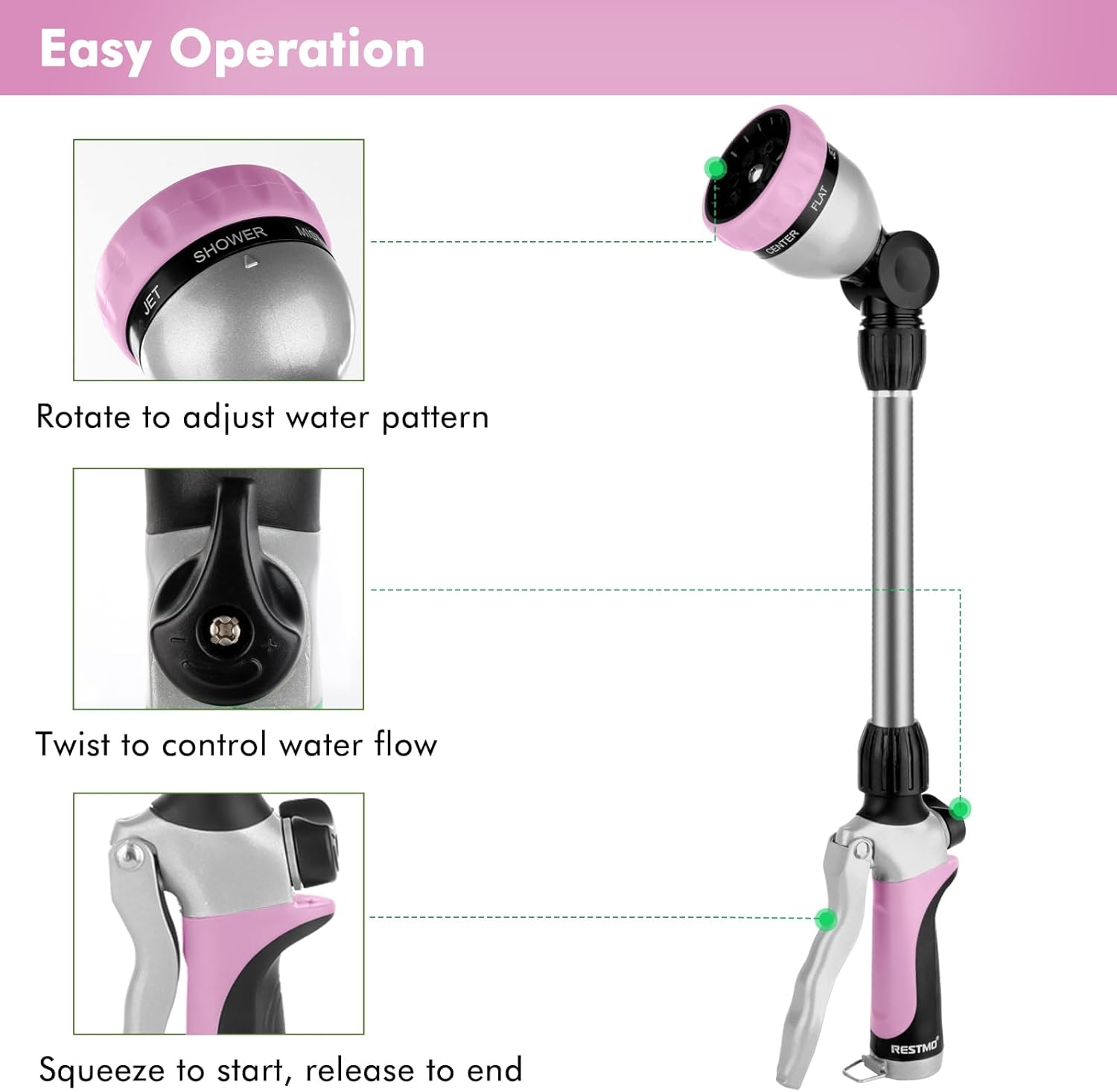 Thumbnail 2 de Restmo 48cm Watering Lance with 180° Adjustable Ratcheting Head & 7 Spray Patterns