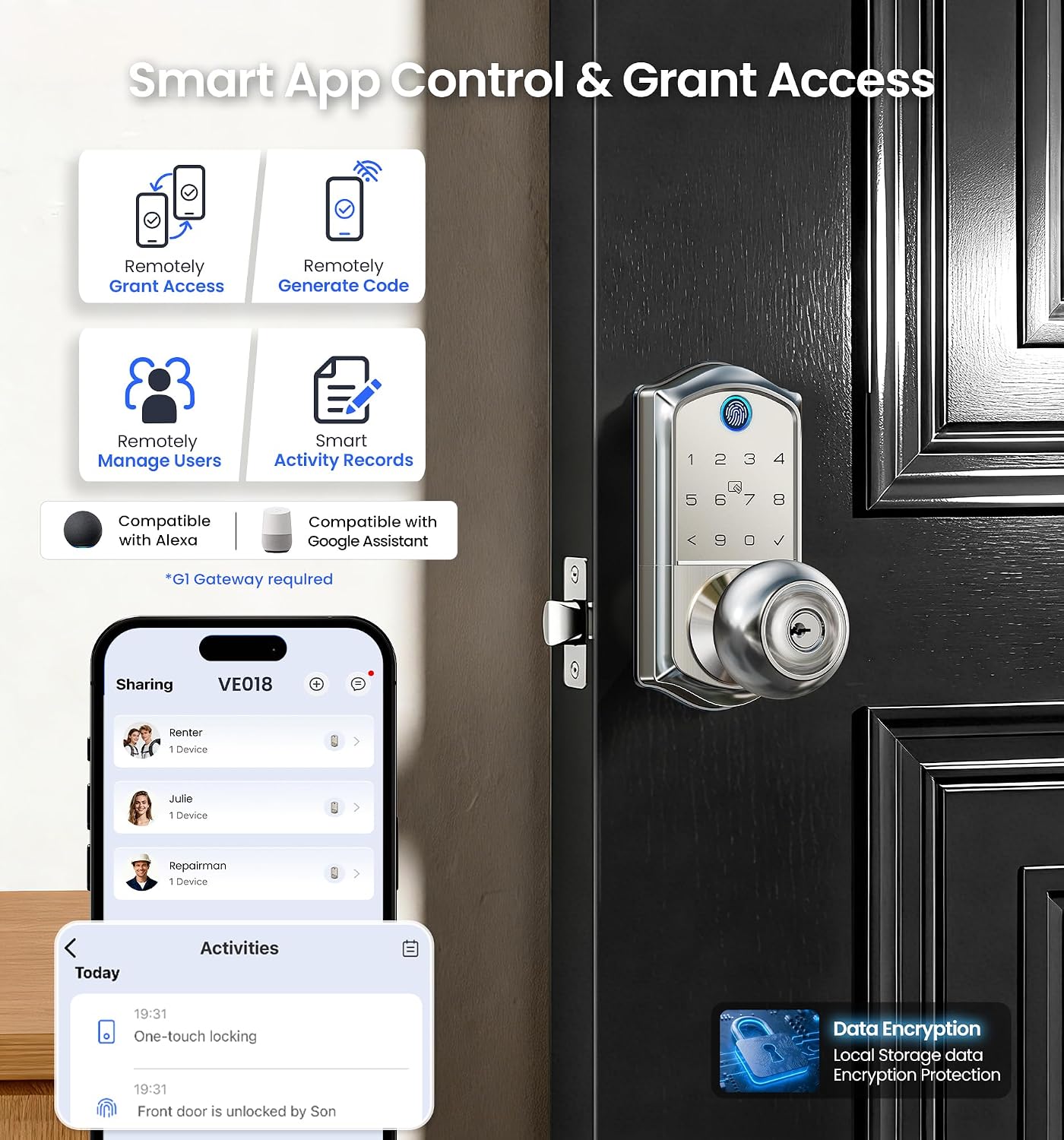 Detalle de Veise Smart Door Knob Lock, Satin Nickel