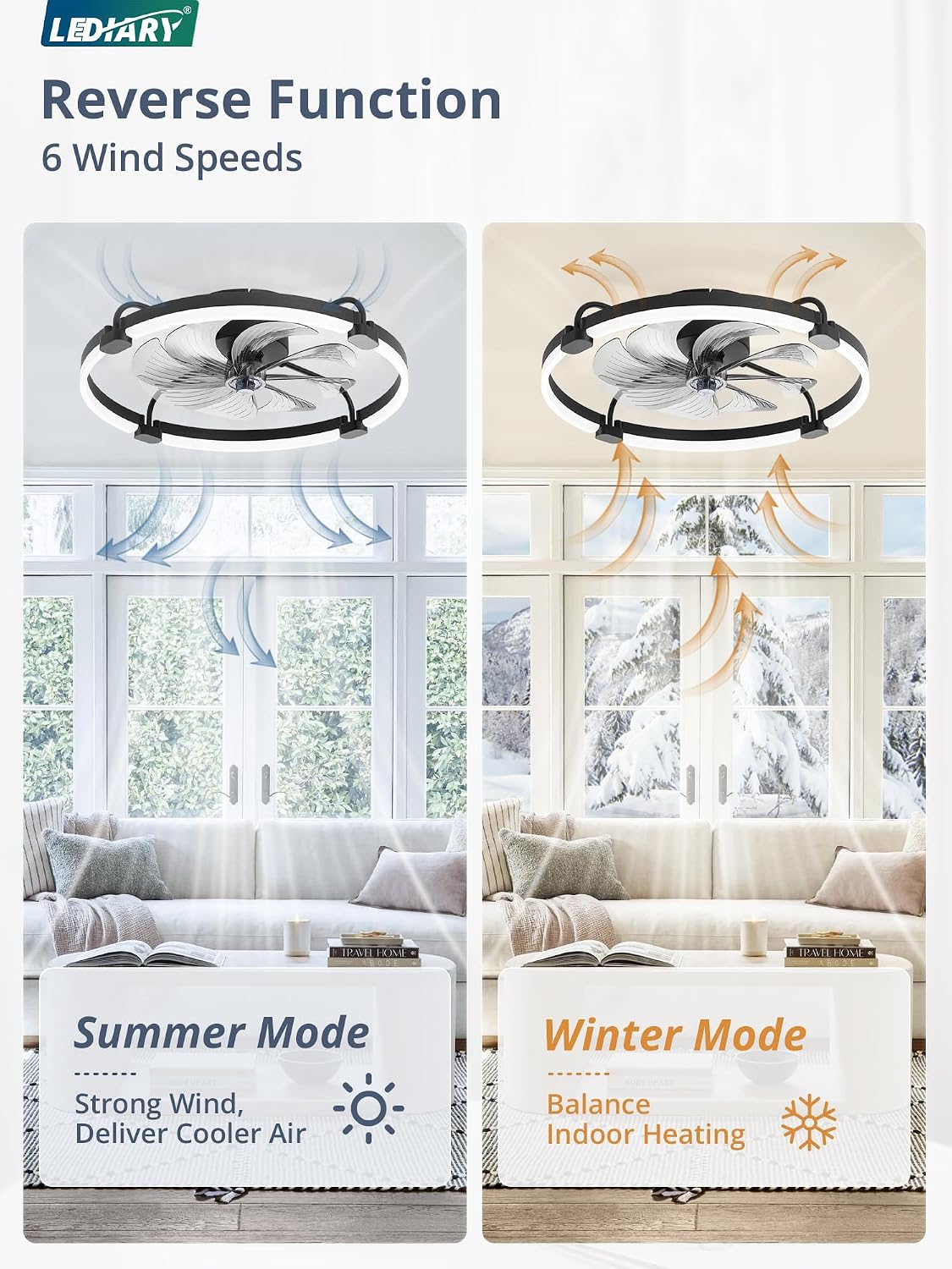 Detalle 2 de LEDIARY LM24 24-Inch Low-Profile Ceiling Fan with Light, Black, 6 Speeds