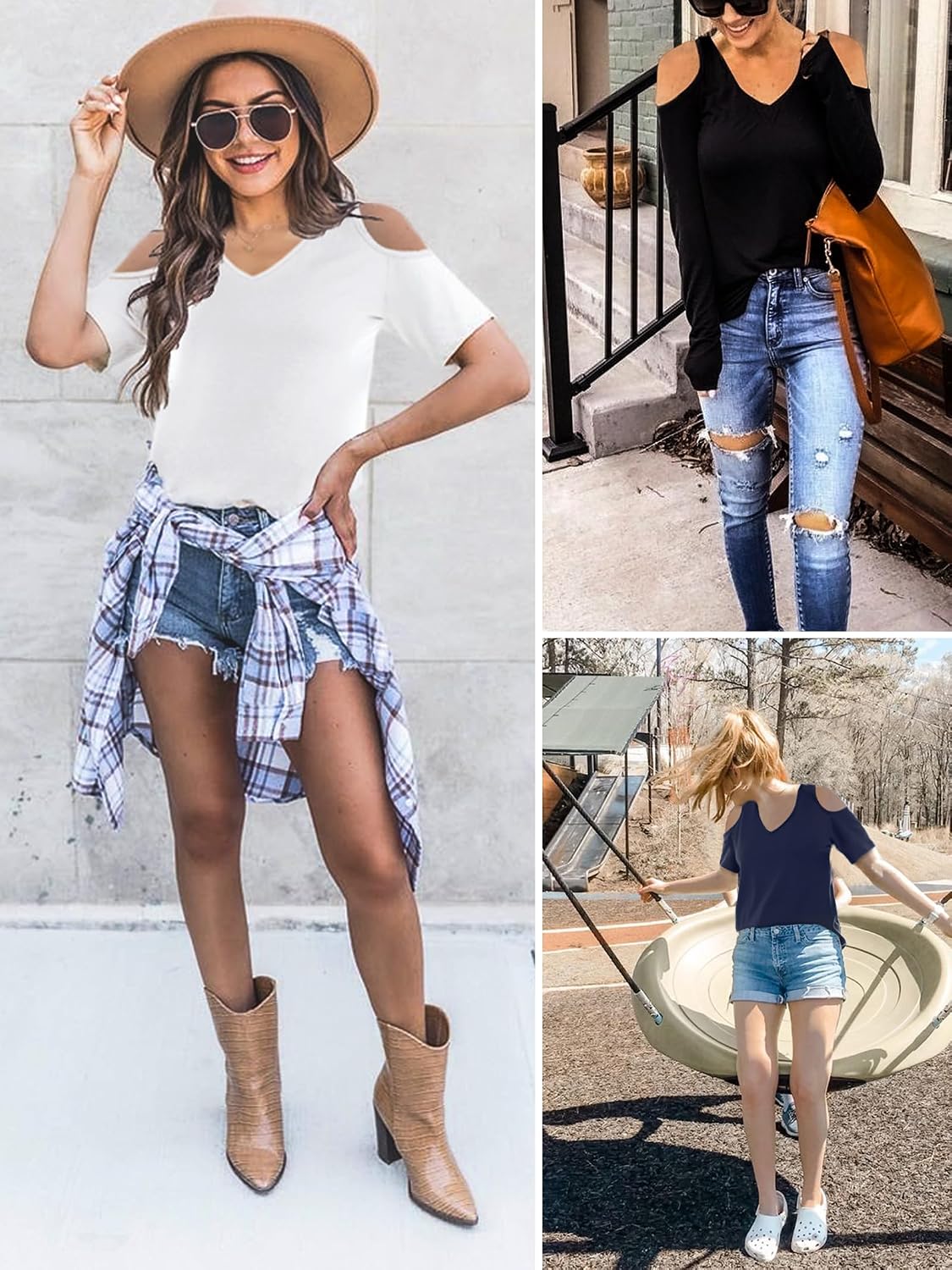 Thumbnail 4 de Elesomo Ladies Cold Shoulder Tops with V Neck – Short Sleeve Summer Casual T Shirt
