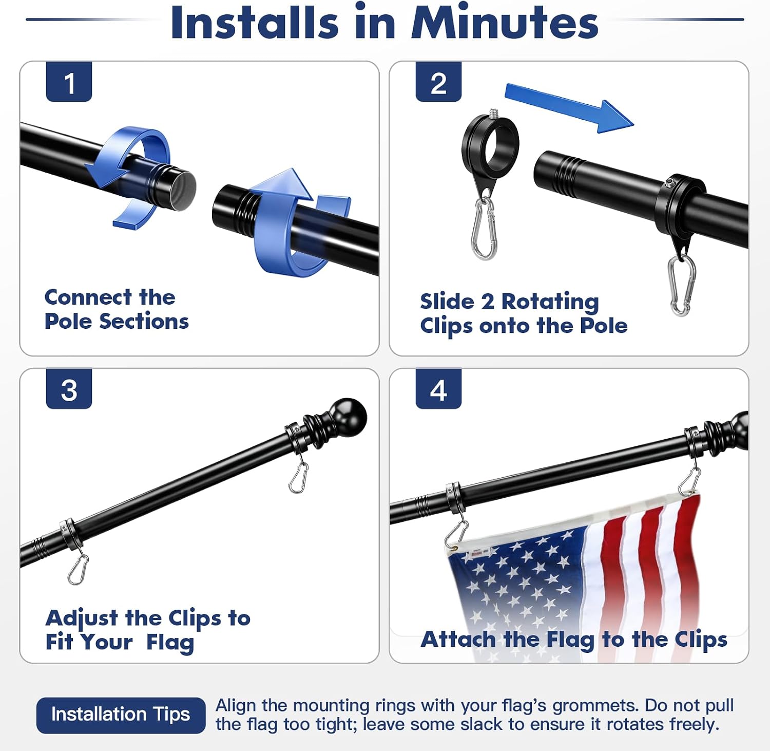 Detalle 1 de Anovo FC001 7 ft Flagpole Kit, Black Stainless Steel with Rotating Rings