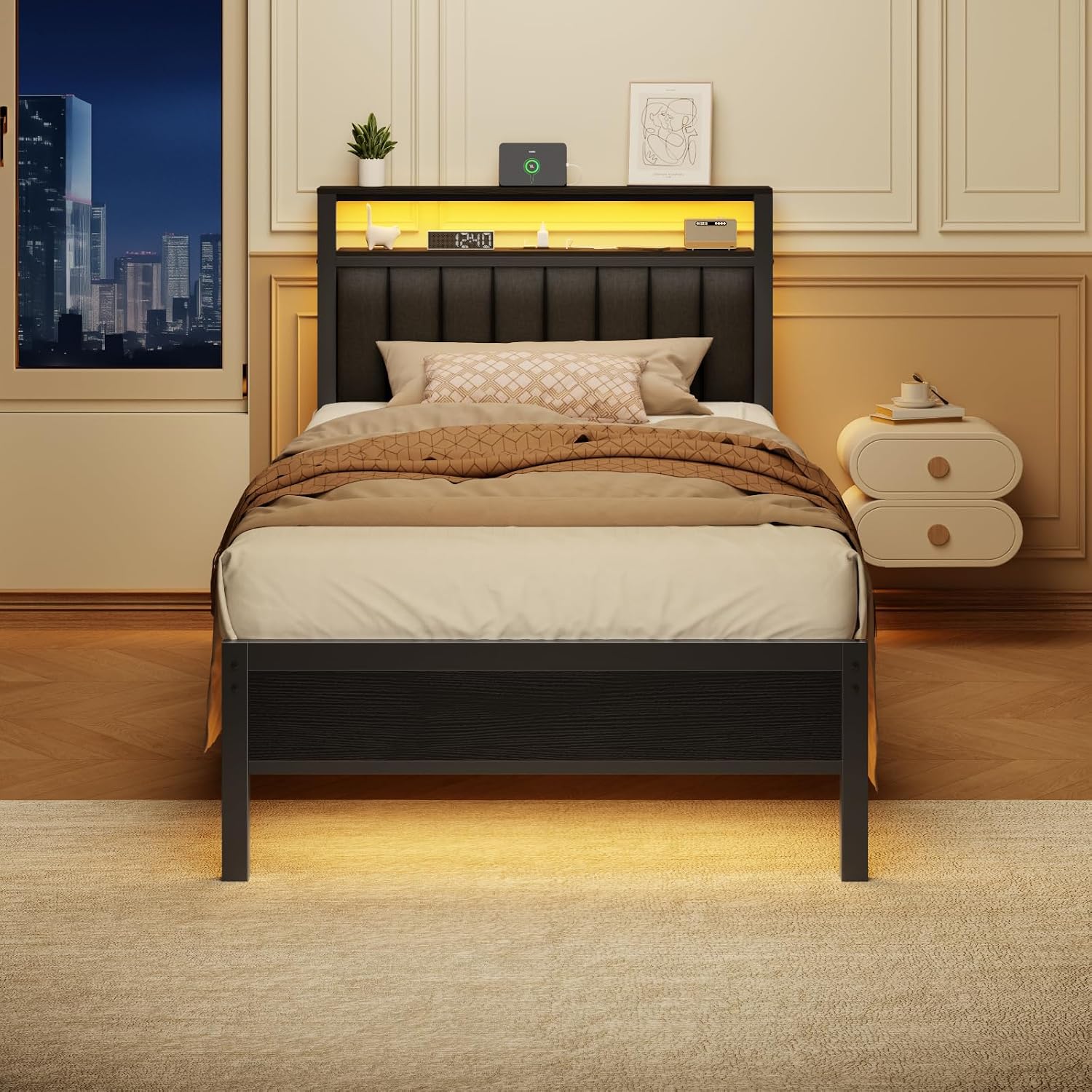 Detalle 2 de Furnulem HK-BF-009-CL-T-1-BO-CA Twin Bed Frame with RGB LEDs and Storage