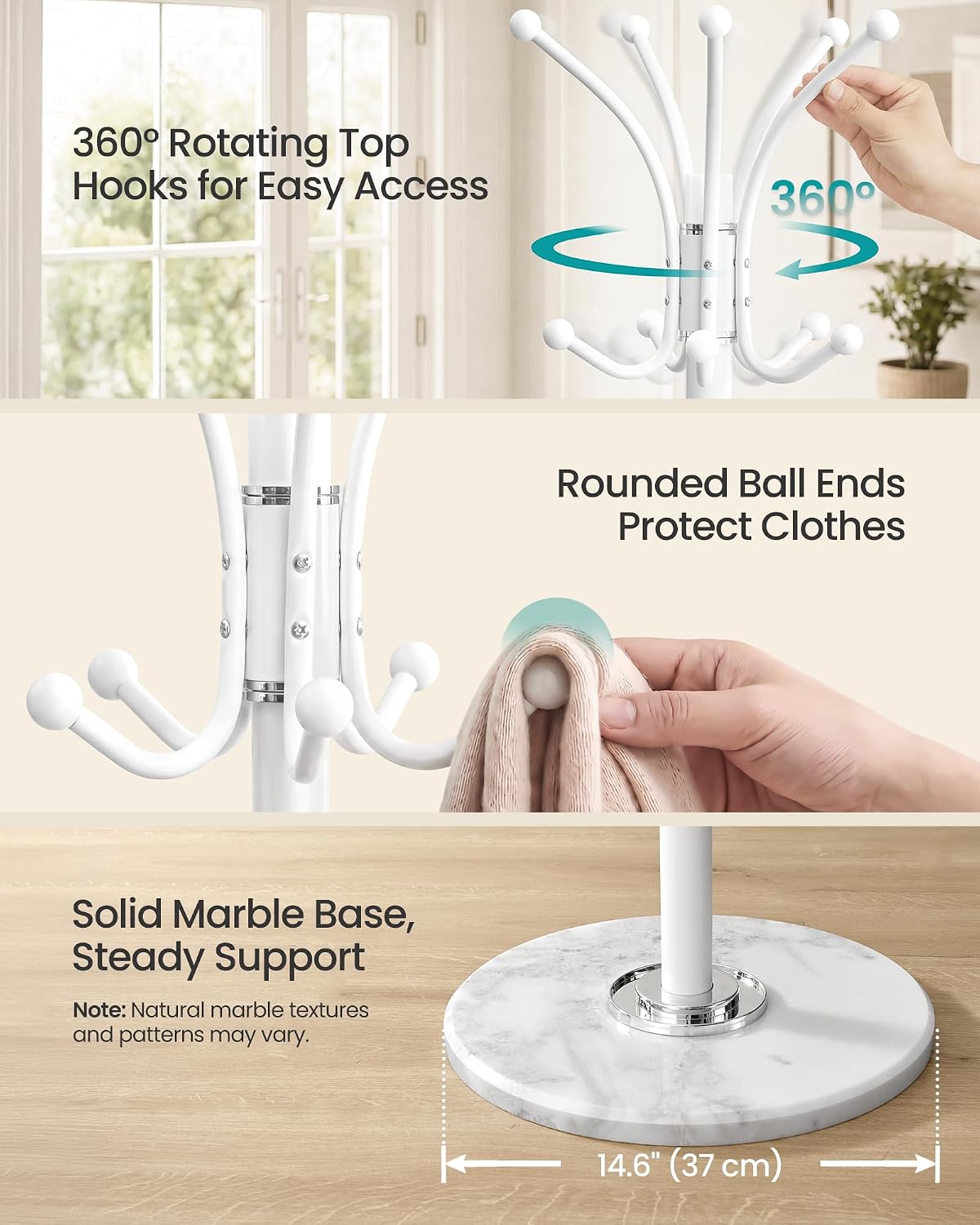 Detalle 2 de SONGMICS ALAN RCR091WC01 Coat Rack with 18 Hooks, Umbrella Stand and Marble Base
