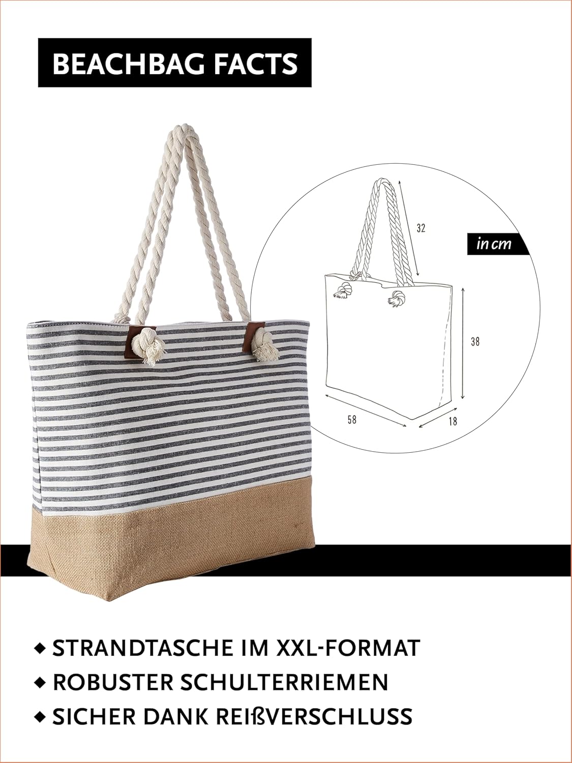 Thumbnail 1 de DonDon große Strandtasche XXL mit Reißverschluss – umhängetaugliche Badetasche Damen im Streifen-Look