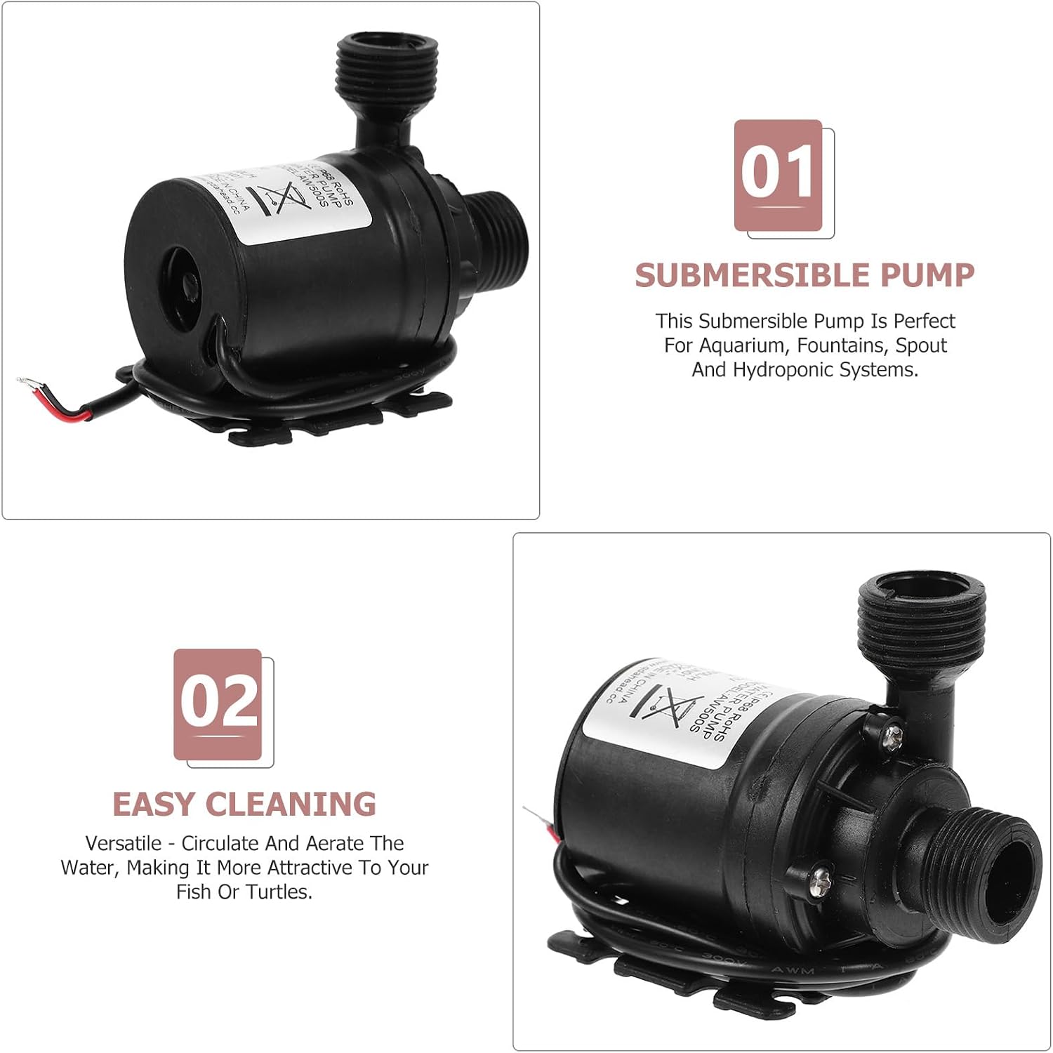 Detalle de ULTECHNOVO 12V Tauchwasserpumpe (2er-Set) 800 l/h, 5 m Förderhöhe – besonders leise für Brunnen, Pool & Solar-Umlauf