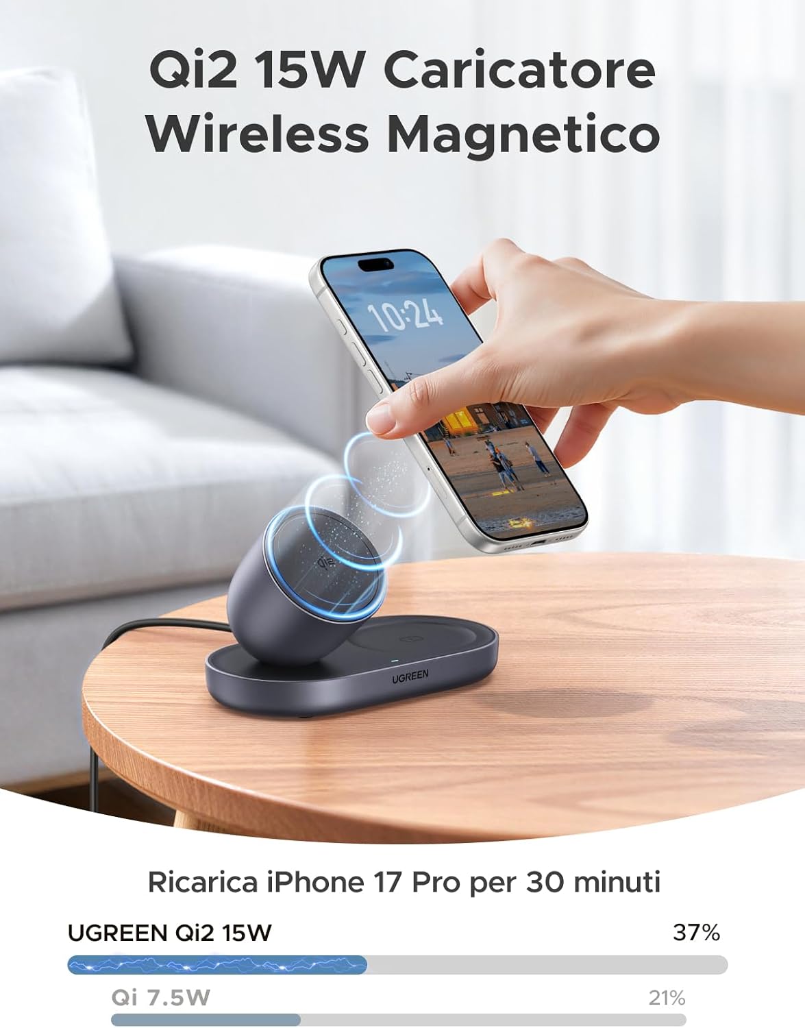 Detalle 2 de UGREEN Zapix Caricatore Wireless Qi2 15W