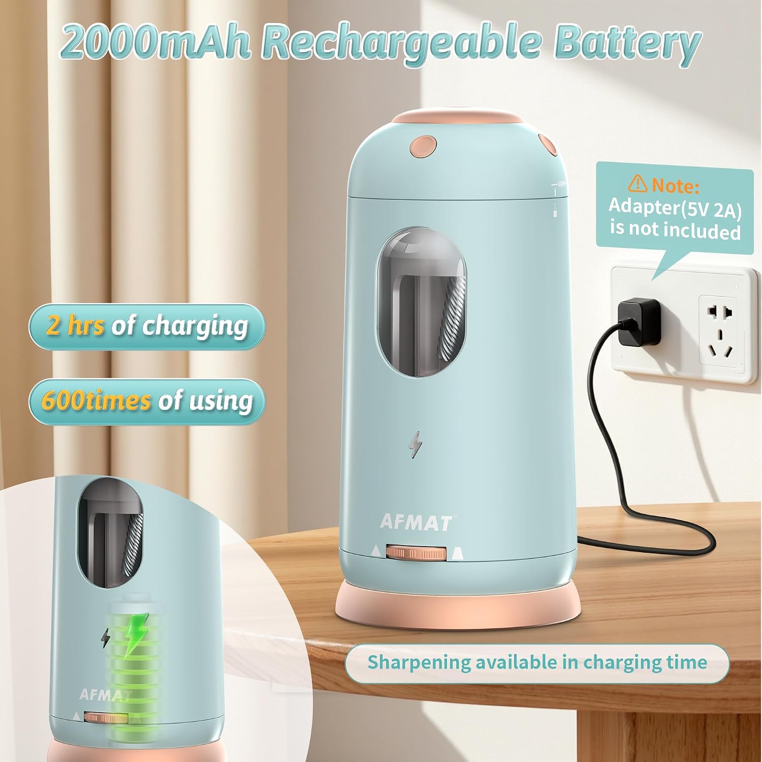 Detalle de AFMAT Robust elektrischer Anspitzer USB (Ringpunkt) für Bleistifte 7–11,5 mm – wiederaufladbar, blau