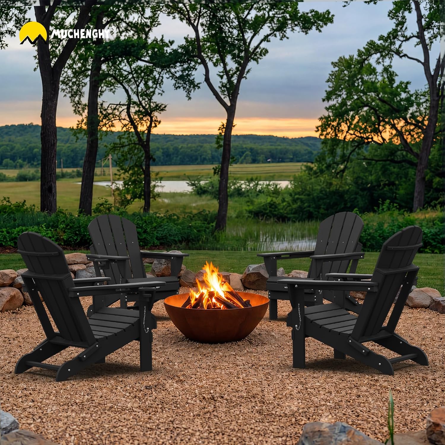 Thumbnail 1 de MUCHENGHY Folding Adirondack Chairs (Black) — Weather-Resistant Outdoor Patio Adirondack