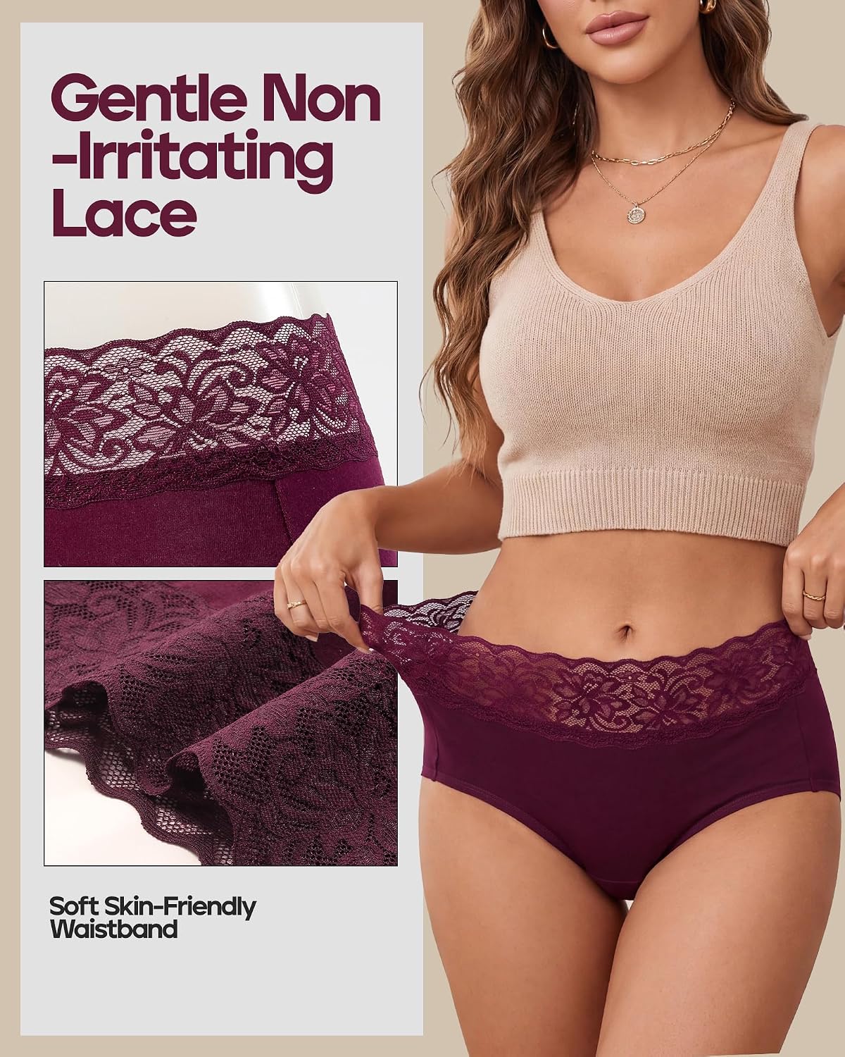 Detalle de ALTHEANRAY High-Waisted Cotton Lace Panties, Full-Coverage Brief