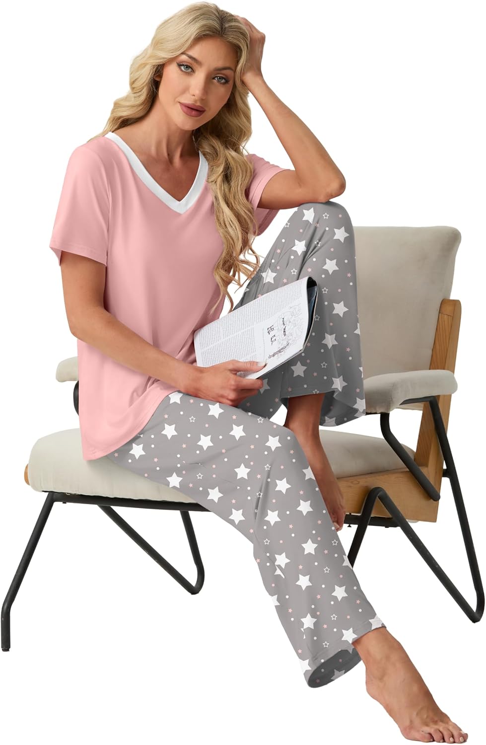 Detalle de VINTATRE Womens Pajama Sets Two-Piece Pyjama Set, Short Sleeves & Pockets, XS-4XL