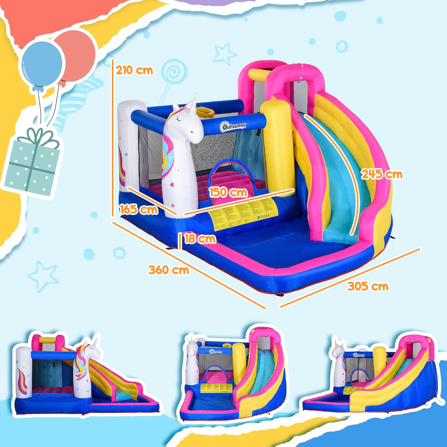 Thumbnail 6 de Outsunny Castillo Hinchable Unicornio 360x305x210 cm