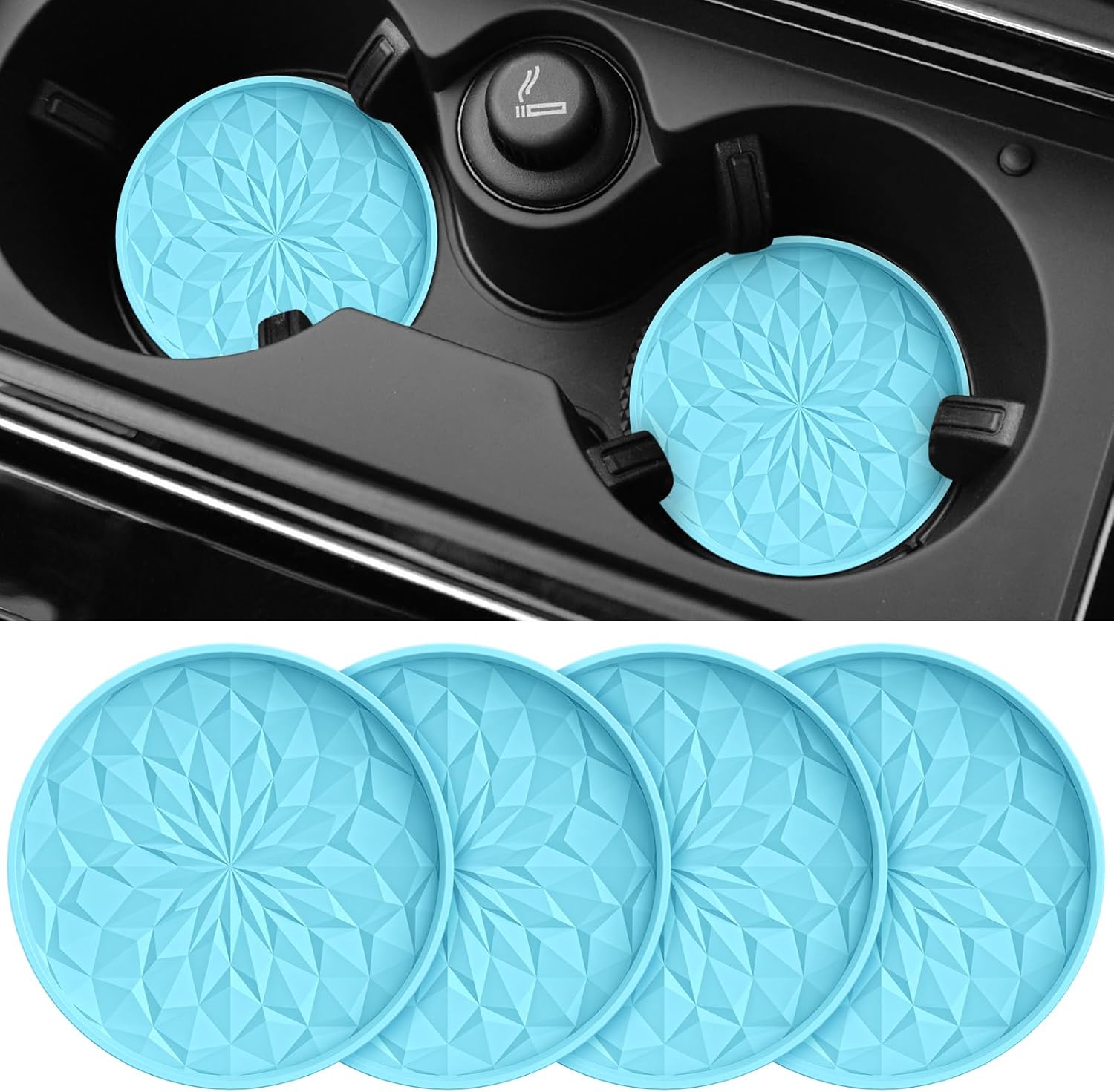 STLIAN Car Coasters for Cup Holders (4 Pack) – 2.75in Silicone Auto Mug Mats in Sky Blue