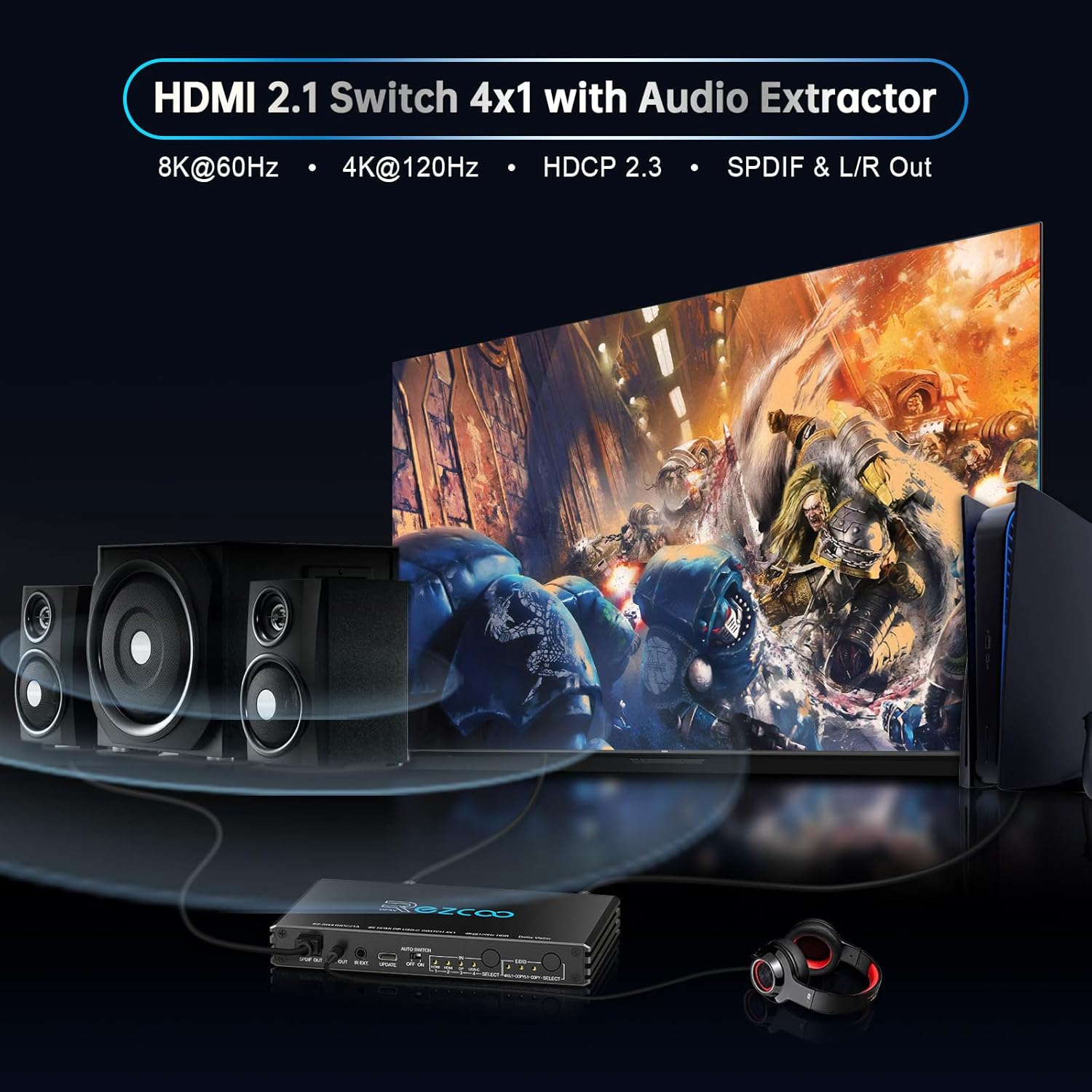 Thumbnail 3 de Commutateur HDMI 2.1 4K 120 Hz 4x1 avec USB-C DP1.4 et extracteur audio optique/3,5 mm (VRR, ALLM, HDCP 2.3) pour PS5 et Xbox