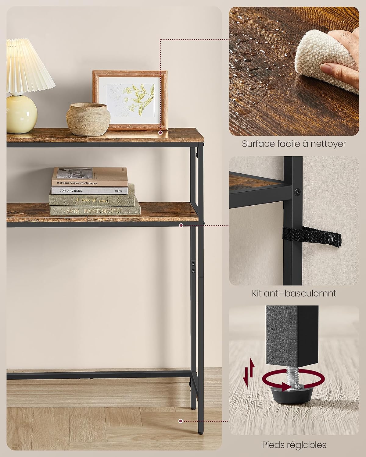 Detalle 2 de VASAGLE LNT136KD01 consoletafel met stopcontact, 2 legplanken, 100 x 20 x 81 cm