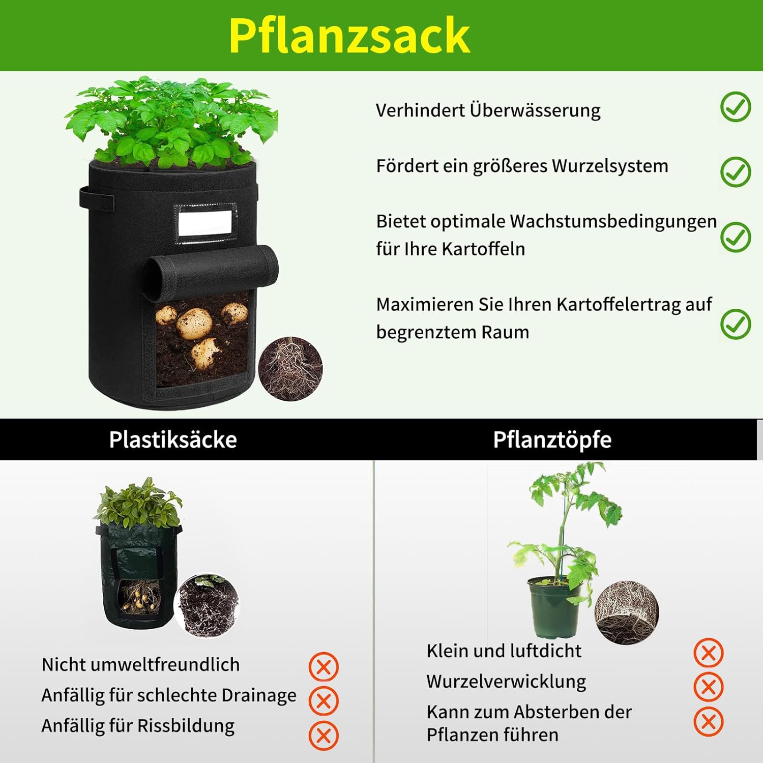 Detalle 2 de Airminti Kartoffel Pflanzsack 50L im 3er Set – Premium Vliesstoff mit Erntefenster, Pflanzmatte & verstärkten Griffen