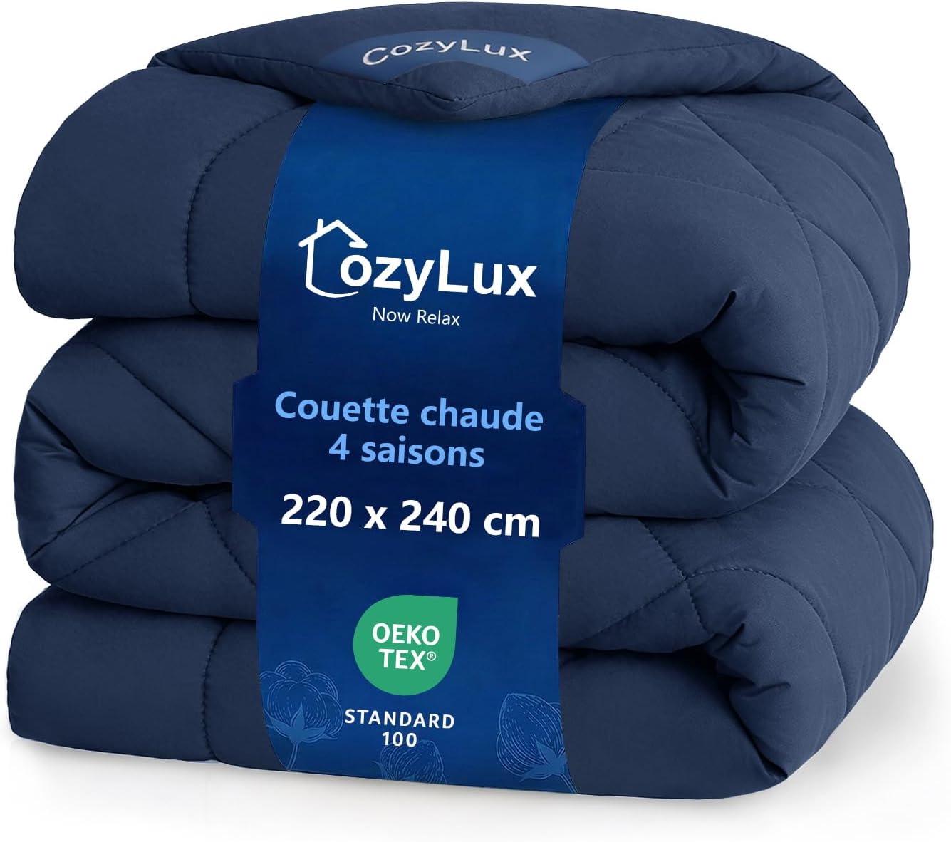 Detalle de CozyLux Couette 220x240 tempérée pour lit 2 personnes – 300 g/m², microfibre, 4 boucles d’angle, bleu marine