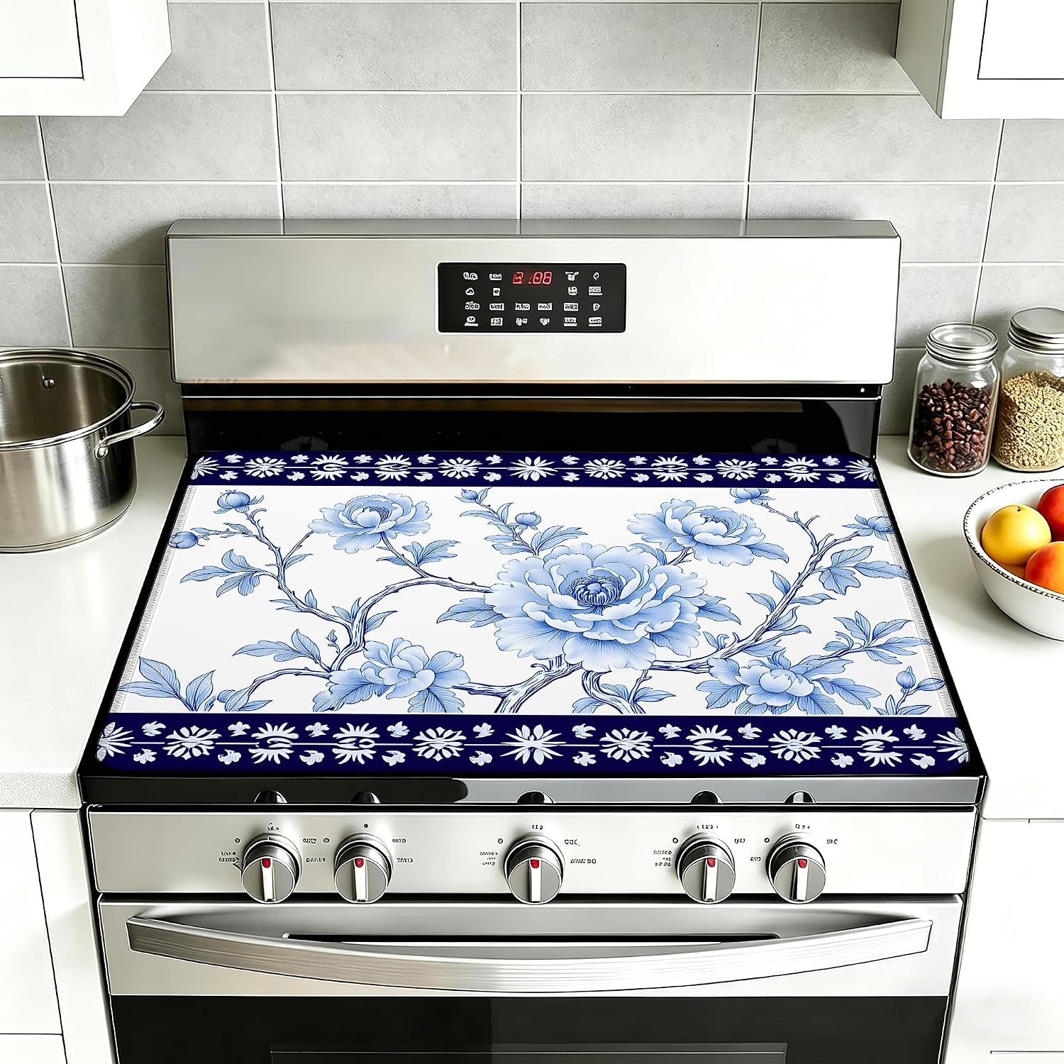 Detalle de YIKTI Blue Floral Stove Top Cover, 28 x 20 Inch Heat-Resistant Mat