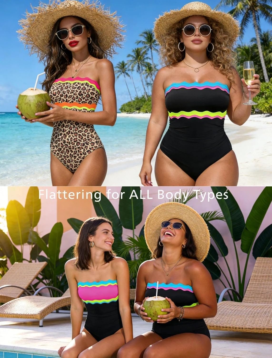 Thumbnail 5 de Popvil One Piece Swimsuits for Women: Neon Bandeau with Tummy Control and Strapless Design