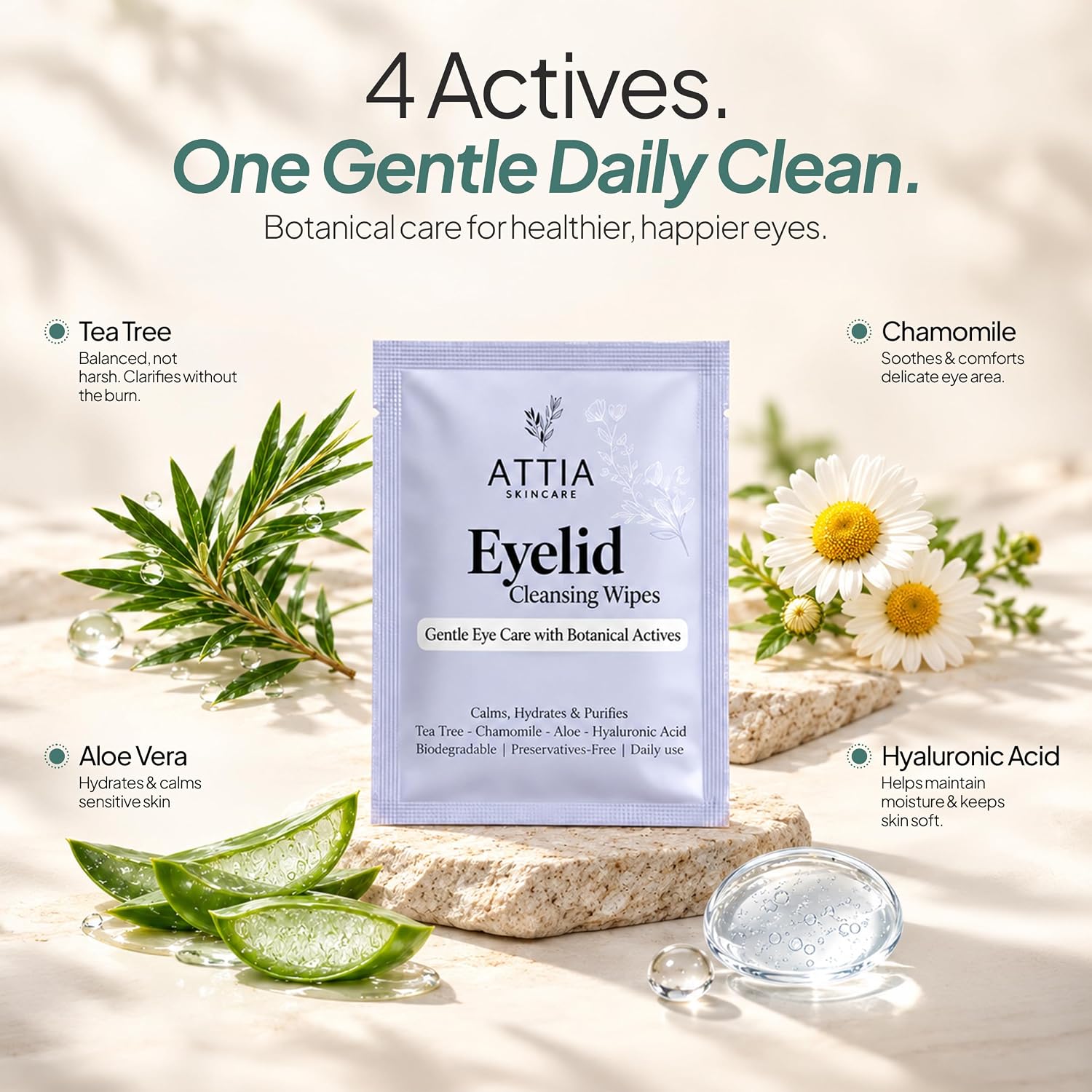 Detalle de Attia Skincare Tea Tree Oil Eyelid Wipes, 30 Count, Individually Wrapped