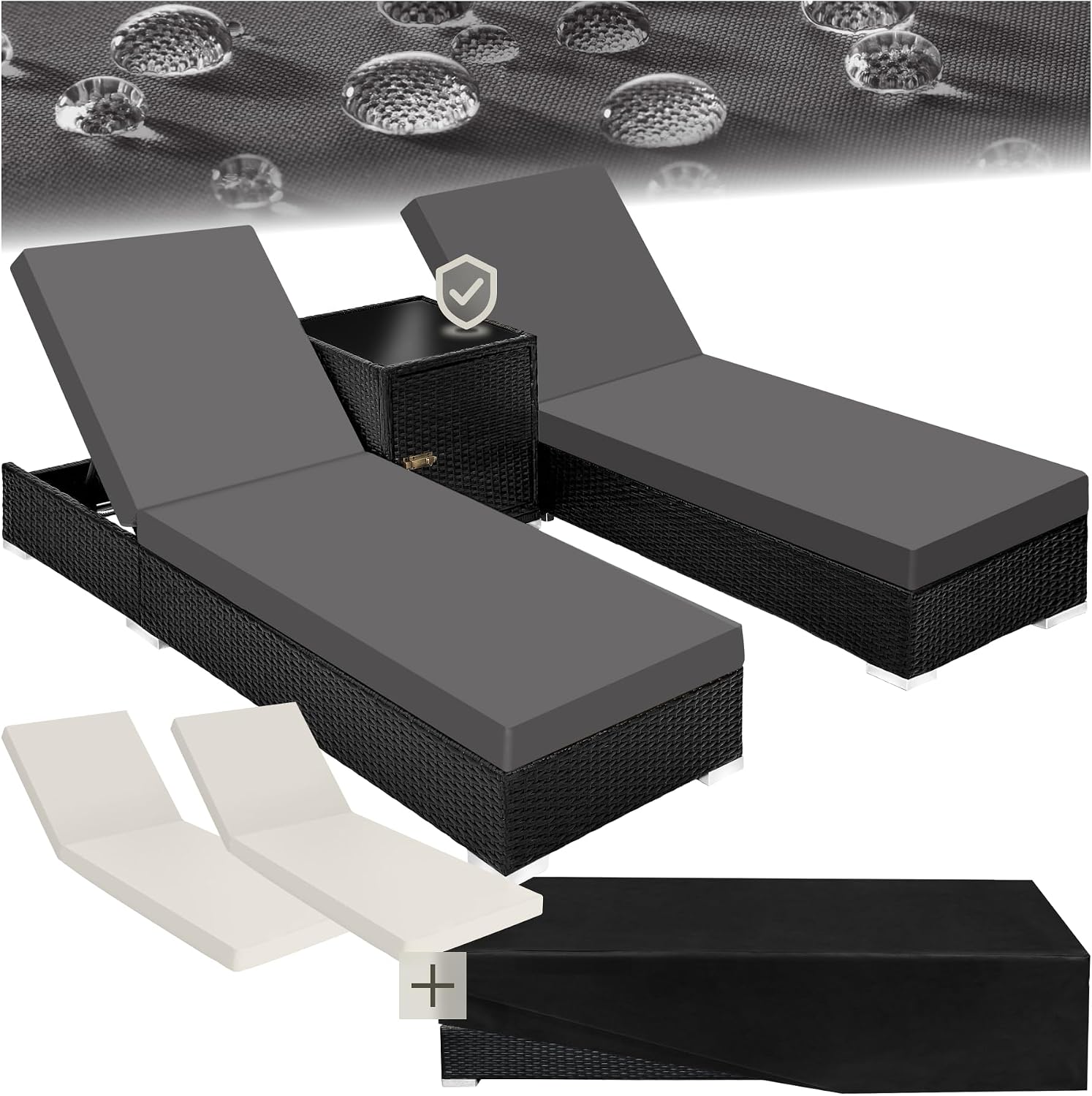 Detalle de tectake® 2er Garten Lounge Sonnenliegen-Set mit Tisch – Aluminium & Outdoor Poly Rattan, inkl. 2 Bezugsets und Schutzhülle