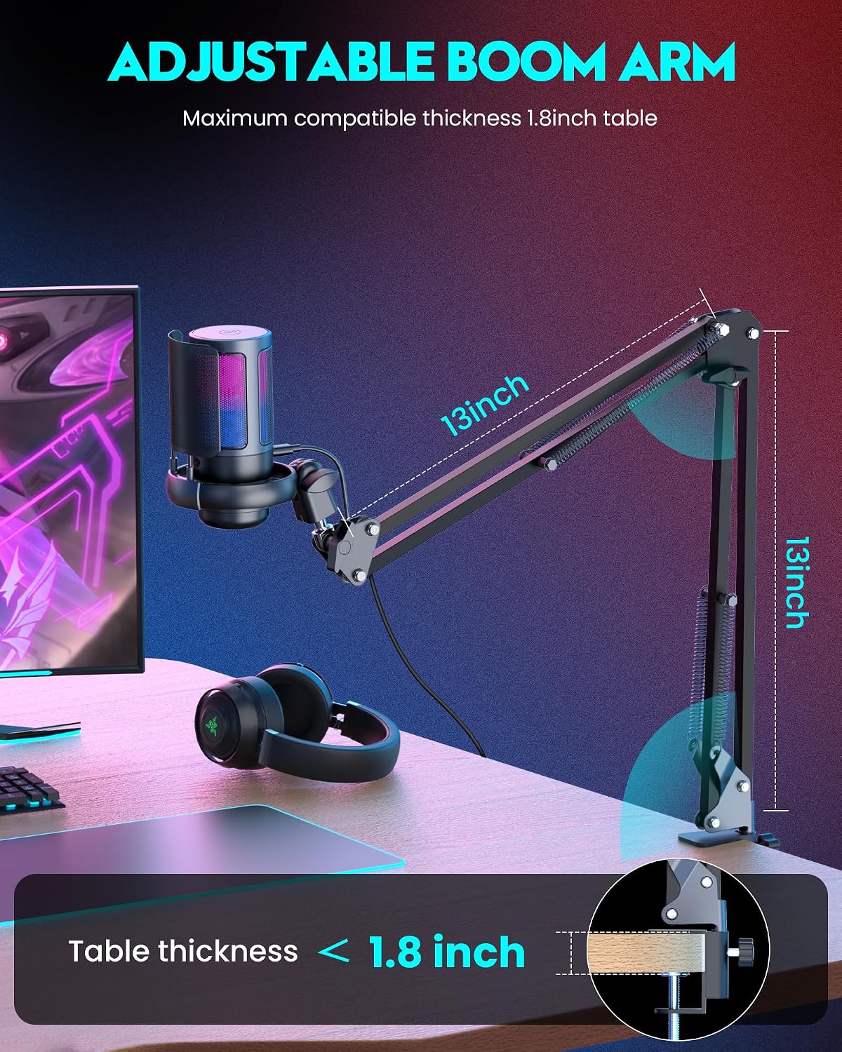 Detalle 1 de RGB Gaming Microphone with Boom Arm USB Mic for PC
