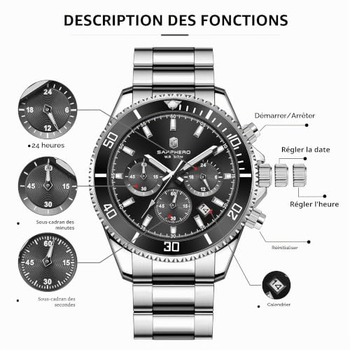Thumbnail 6 de SAPPHERO Montre Homme Chronographe 42 mm — acier inoxydable, étanche 50m, quartz