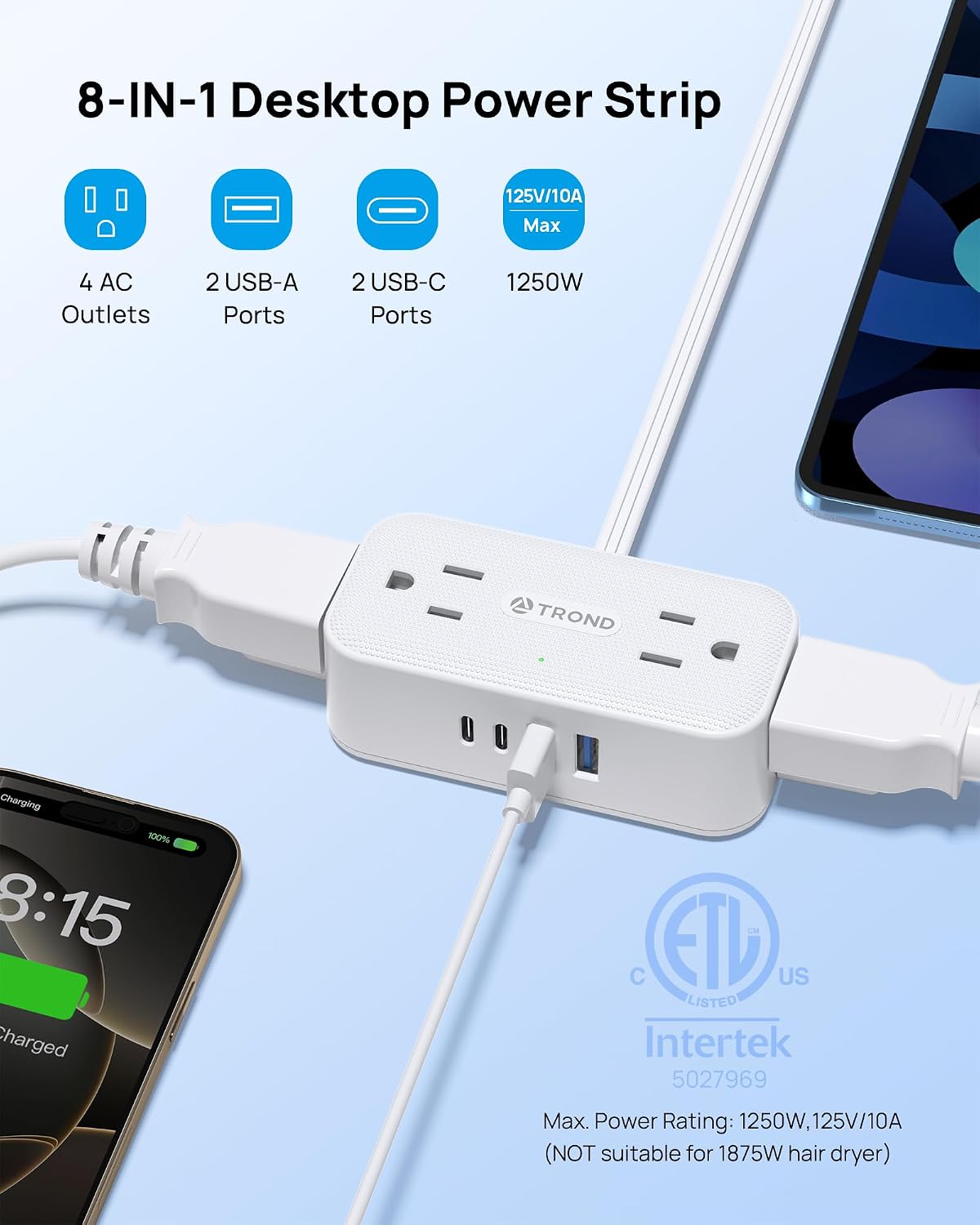 Detalle 2 de TROND TD-PS-US15SX Rotating Power Bar, 4 Outlets, USB-C, 10ft Cord