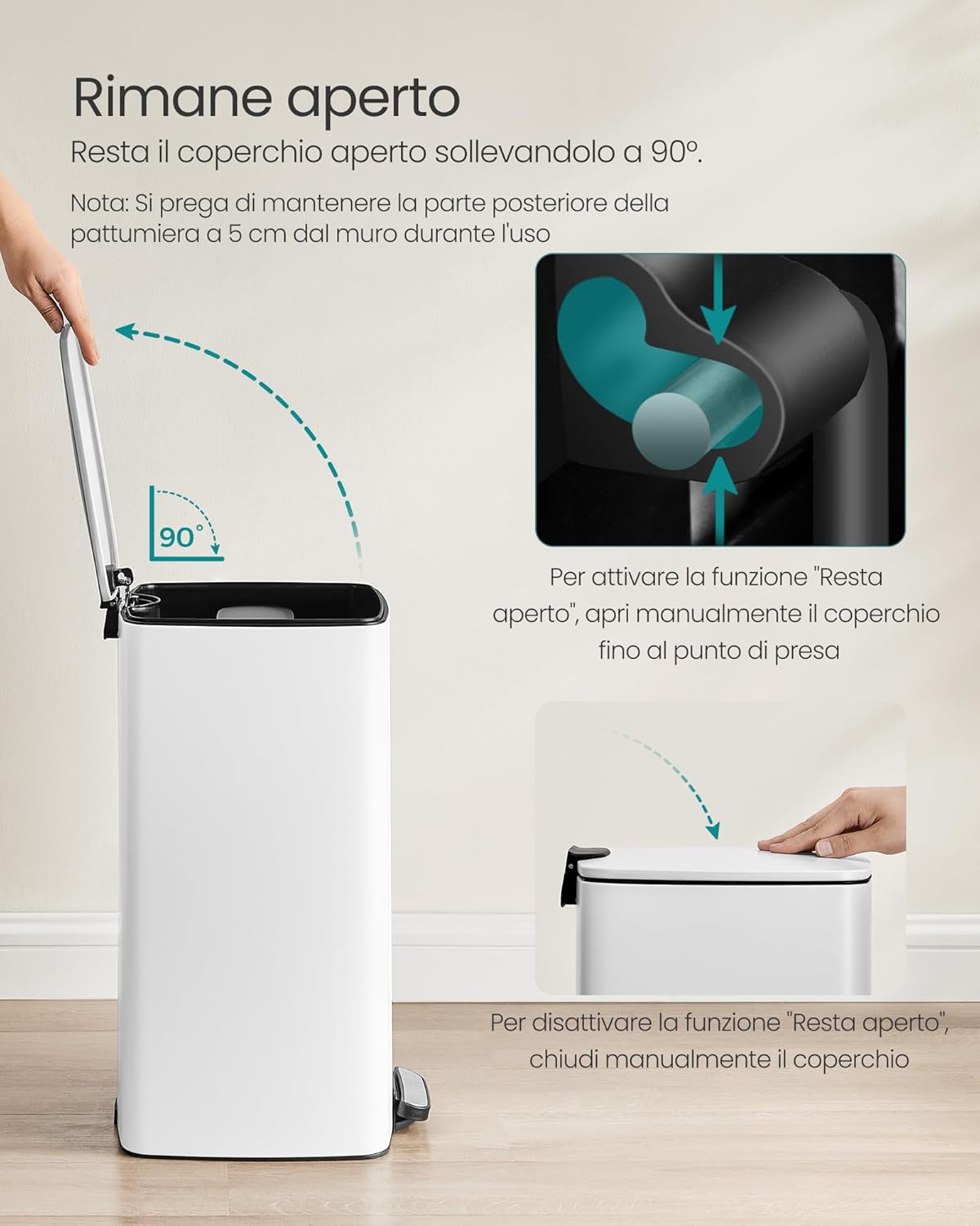 Detalle 2 de SONGMICS Pattumiera da Cucina 30 L con Secchio Interno e Chiusura Morbida – Bianco Nuvola LTB593W02
