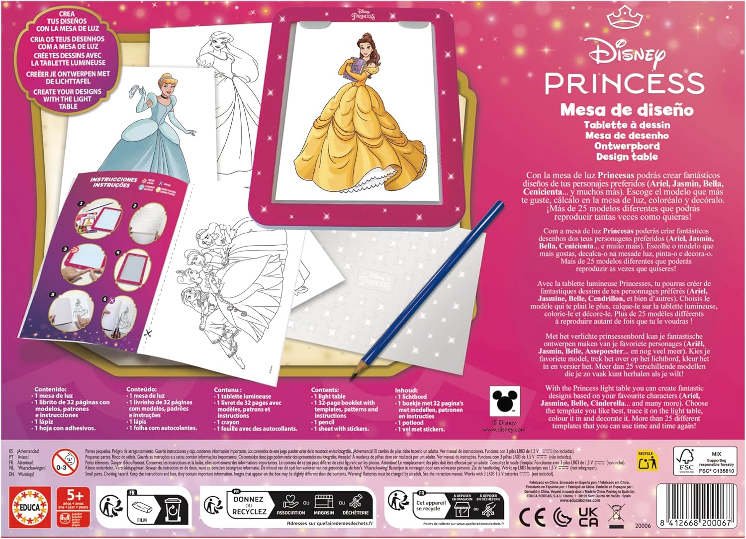Detalle de Tavolo luminoso Educa per Principesse Disney (20006) con adesivi e modelli, da 5 anni