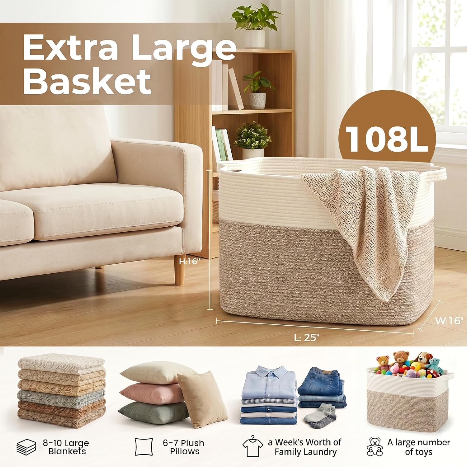 Thumbnail 2 de OIASKET MSAG07P123 108L Cotton Rope Storage Basket, 25" x 16" x 16