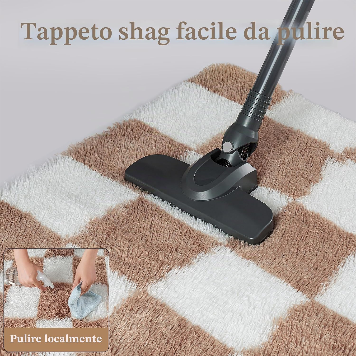 Detalle de HUGEAR Tappeto Salotto 240x300 cm Pelo Lungo a Quadri Marrone-Bianco | Morbidezza e Sicurezza per Ogni Ambiente