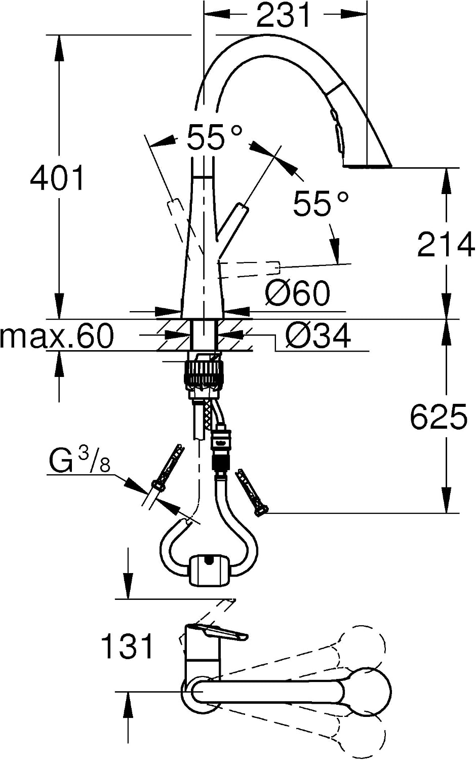 Detalle de GROHE Zedra 32294DC2 – bateria kuchenna Supersteel z wyciąganą wylewką i 3 strumieniami
