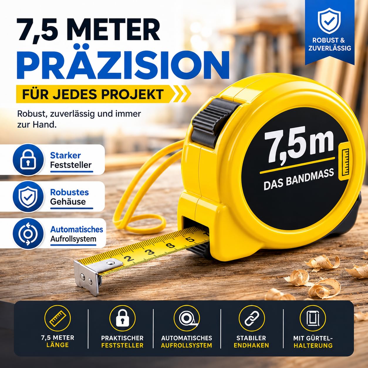Thumbnail 6 de Bandmaß 7,5 Meter mit Halterung – robustes Rollmaßband für präzises Messen