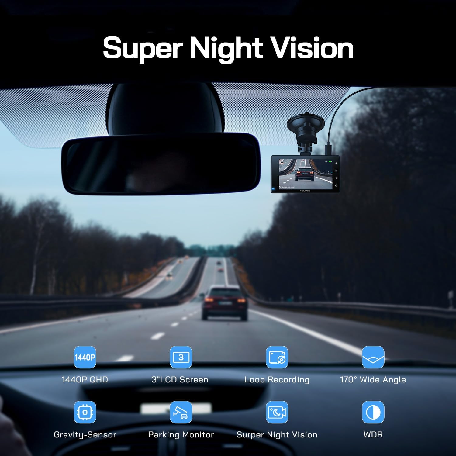 Thumbnail 1 de WOLFANG Dash Cam Front and Rear 2.5K (1440P) with 3.0" LCD, Loop Recording & 24H Parking Guard