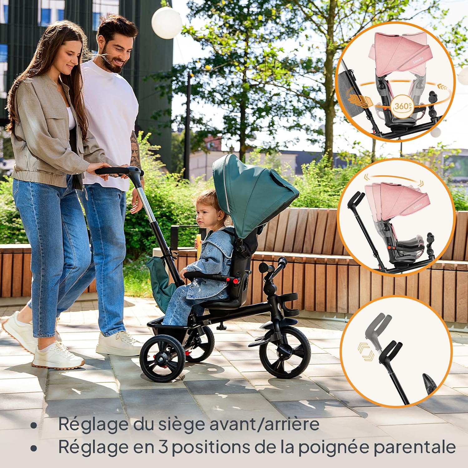 Detalle de Lionelo Haari Tricycle bébé évolutif jusqu'à 25 kg — 3 en 1 avec siège réversible et rangements pratiques