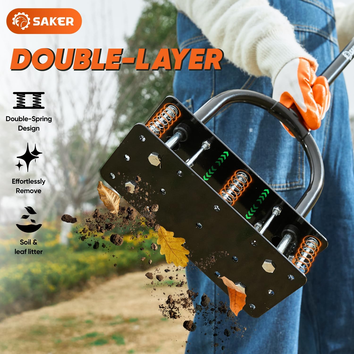 Thumbnail 1 de Saker Lawn Aerator Tool with 15 iron spikes – automatic spring-loaded lawn aeration for patio, yard and garden