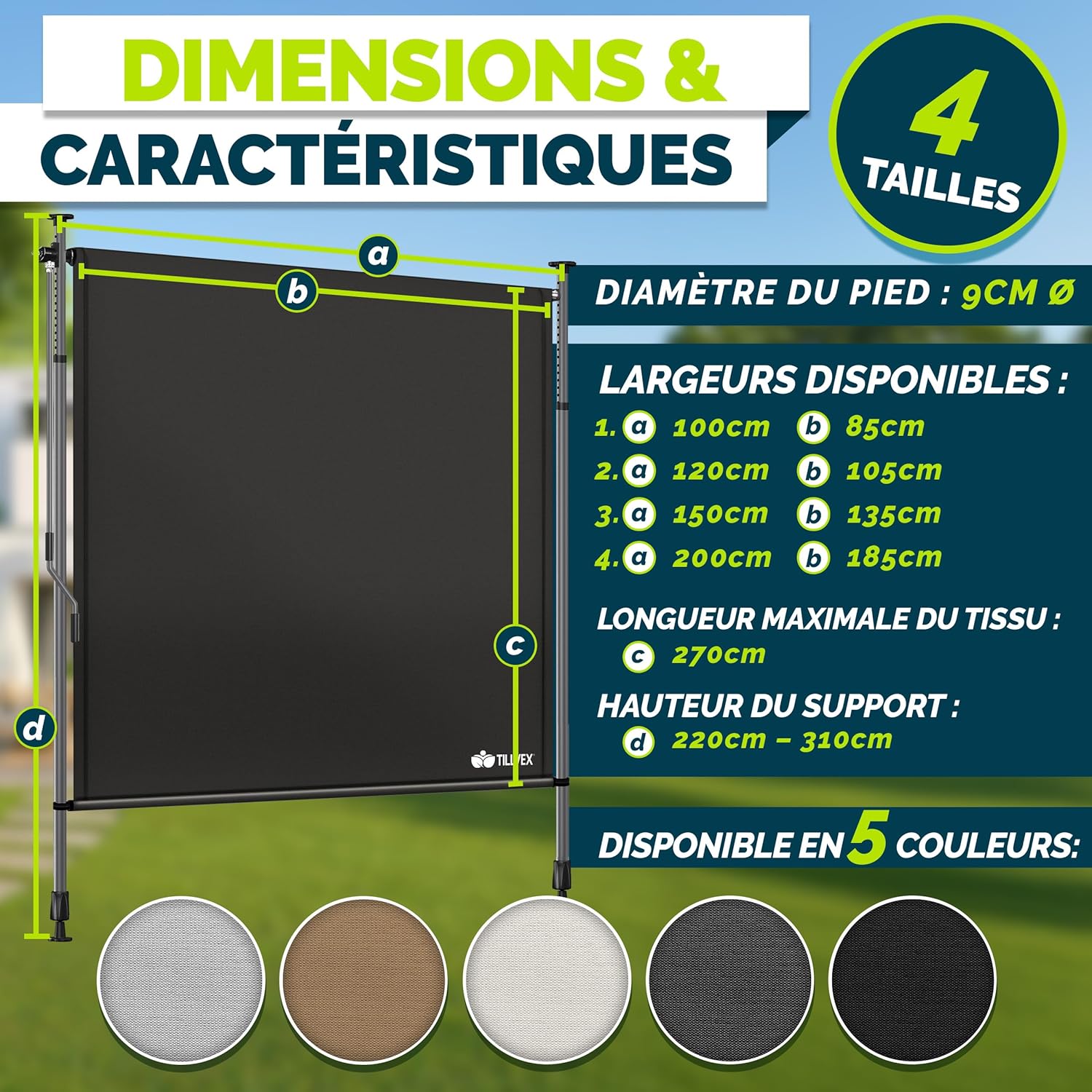 Thumbnail 6 de Tillvex Store Vertical 150 x 310 cm Noir avec manivelle – brise-vue extensible et sans perçage