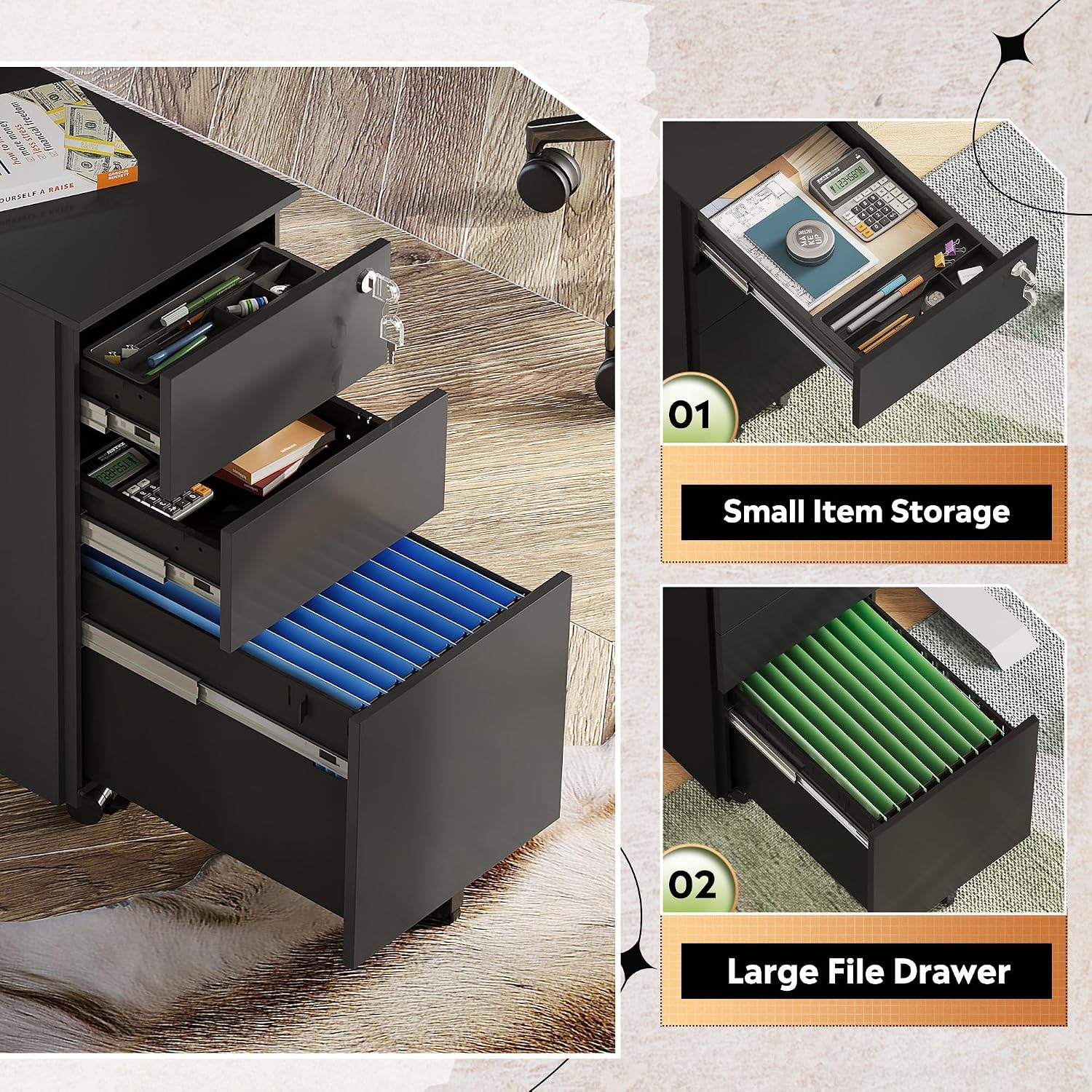 Detalle de DEVAISE 3-Drawer Mobile File Cabinet, Locking Steel, Letter/Legal/A4 File Storage