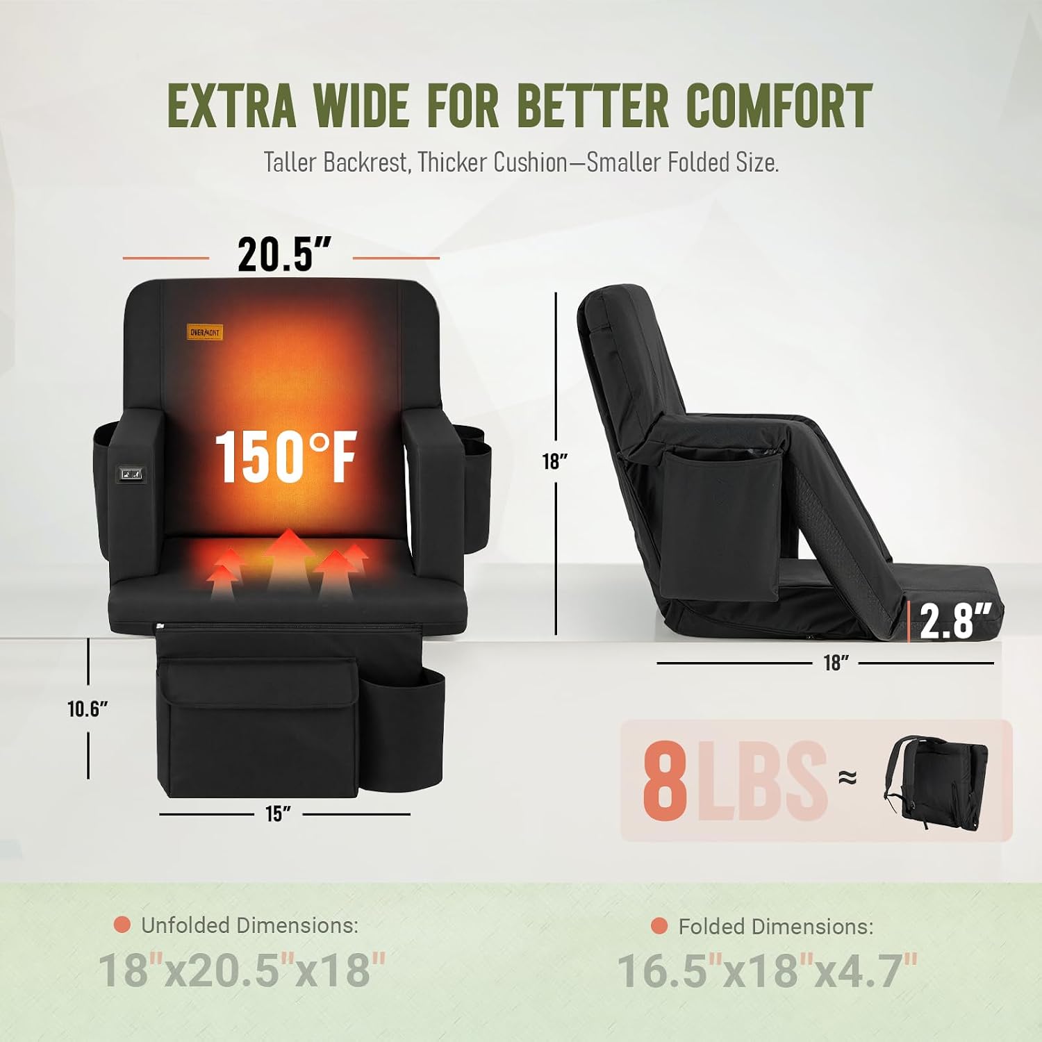 Detalle 2 de Overmont Stadium Seats-Single-H Heated Stadium Seat, Dual-Zone Heat, 6 Recline Positions