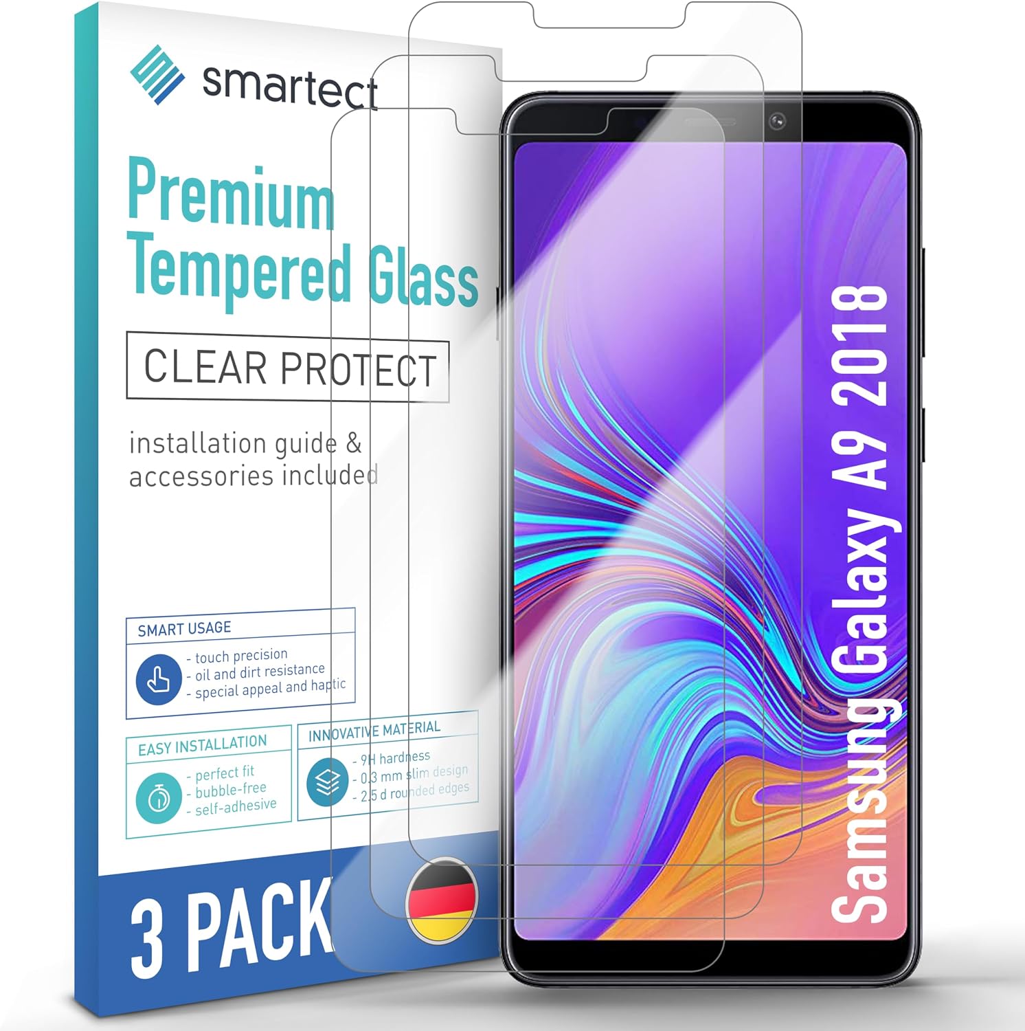 Detalle de SmarTect Glass Screen Protector for Samsung Galaxy A9 2018, 3-Pack, 0.3 mm