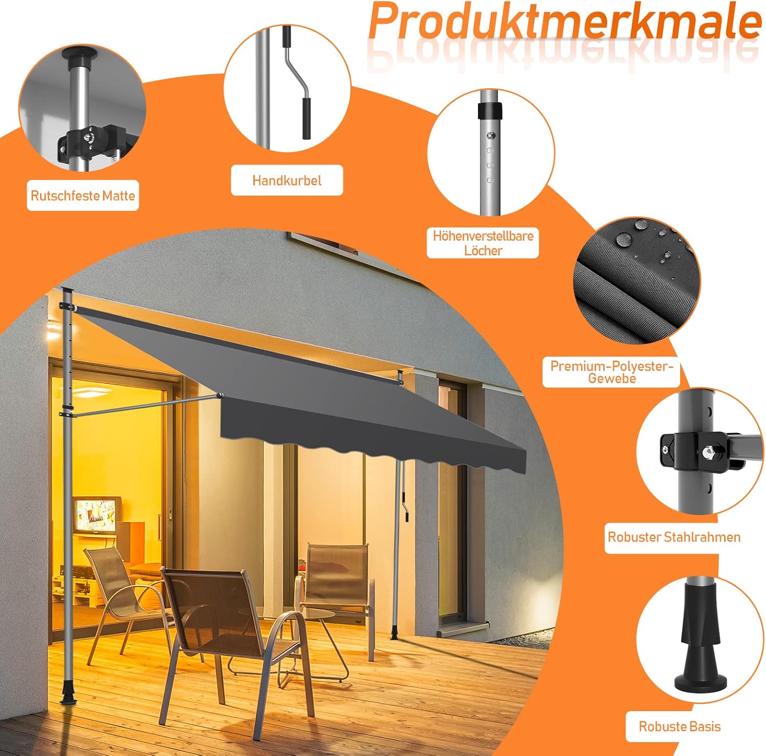 Thumbnail 2 de ISOISL Klemmmarkise 400 cm breit mit Handkurbel – höhenverstellbar, UV-beständig (Grau)