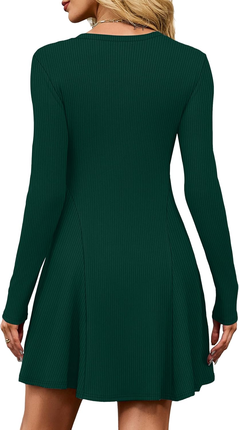 Detalle 1 de OFEEFAN Women's Ribbed Knit Sweater Dress, Long Sleeve Crew Neck A-Line
