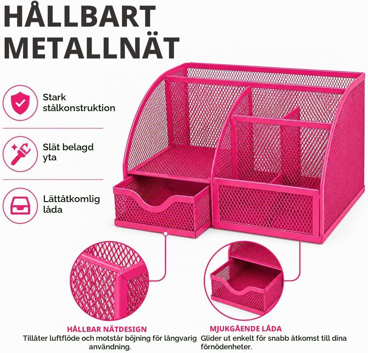 Thumbnail 5 de EXERZ skrivbordsorganisatör i rosa metallnät med utdragbar låda