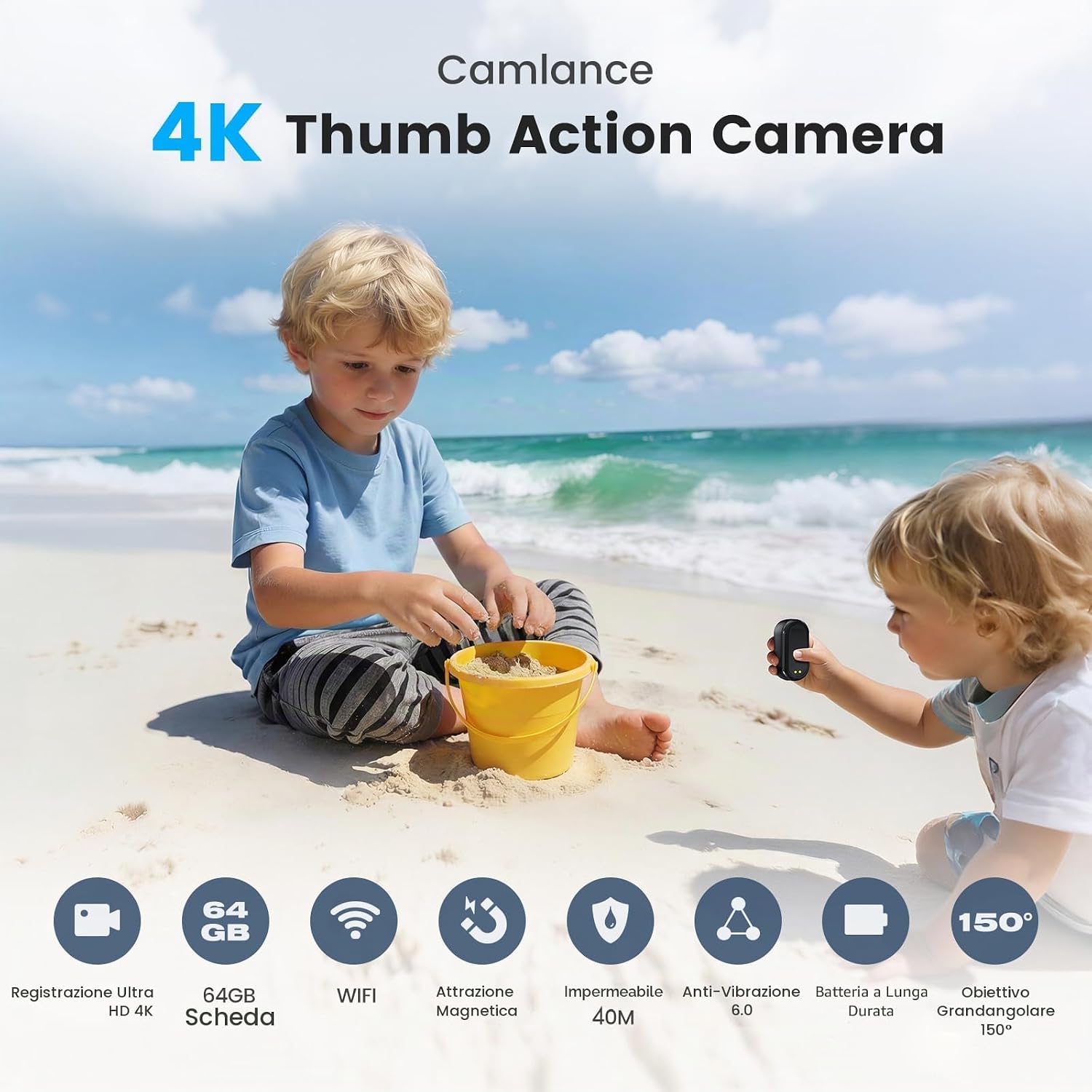 Detalle 2 de Camlance Mini Action Cam 4K: stabilizzata, subacquea 40m e magnetica in un corpo da tasca