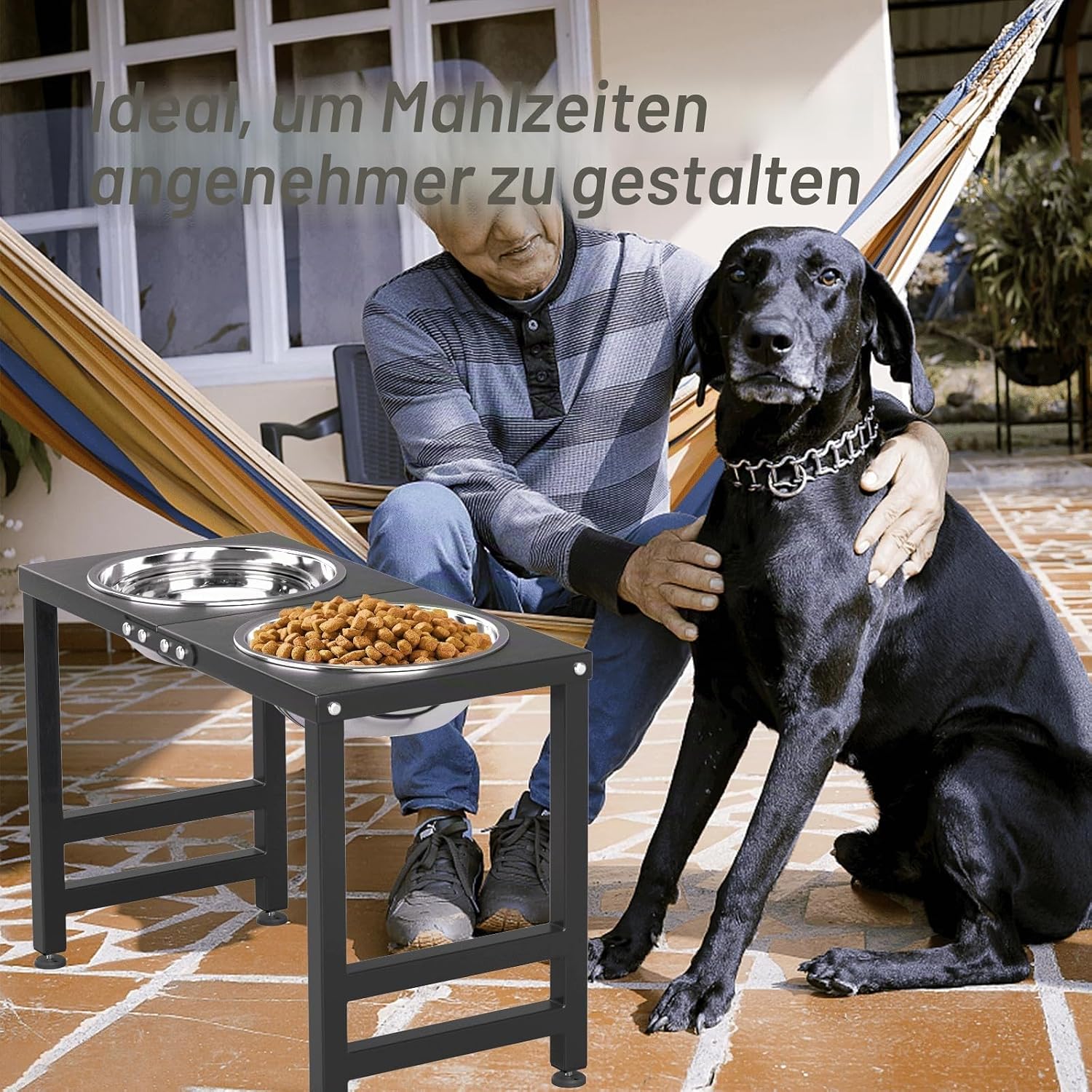 Thumbnail 5 de ADENGL Erhöhter Metall-Hundenapf für große Hunde – 2 Edelstahlnäpfe, 2000 ml, spritzwassergeschützte Matte, 39,4–40,6 cm Höhe